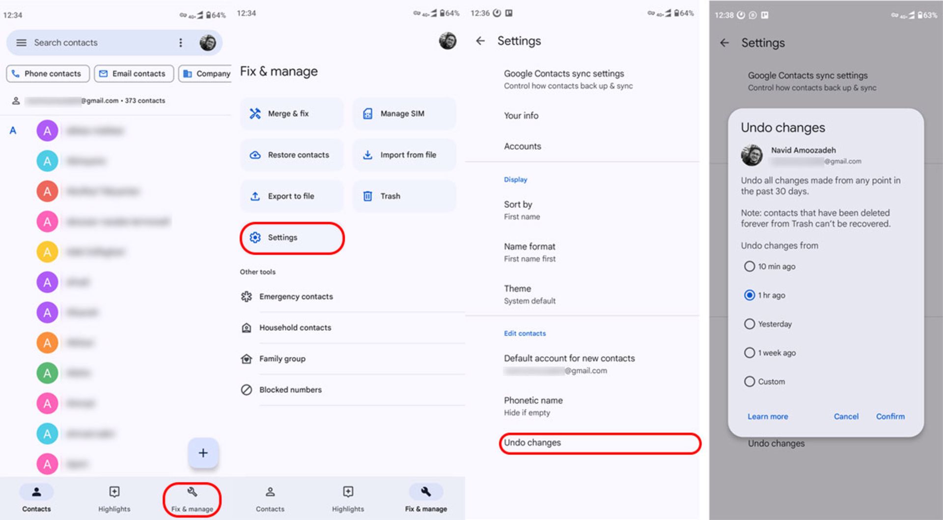 Undo Changes برای بازیابی مخاطب حذف شده در اندروید