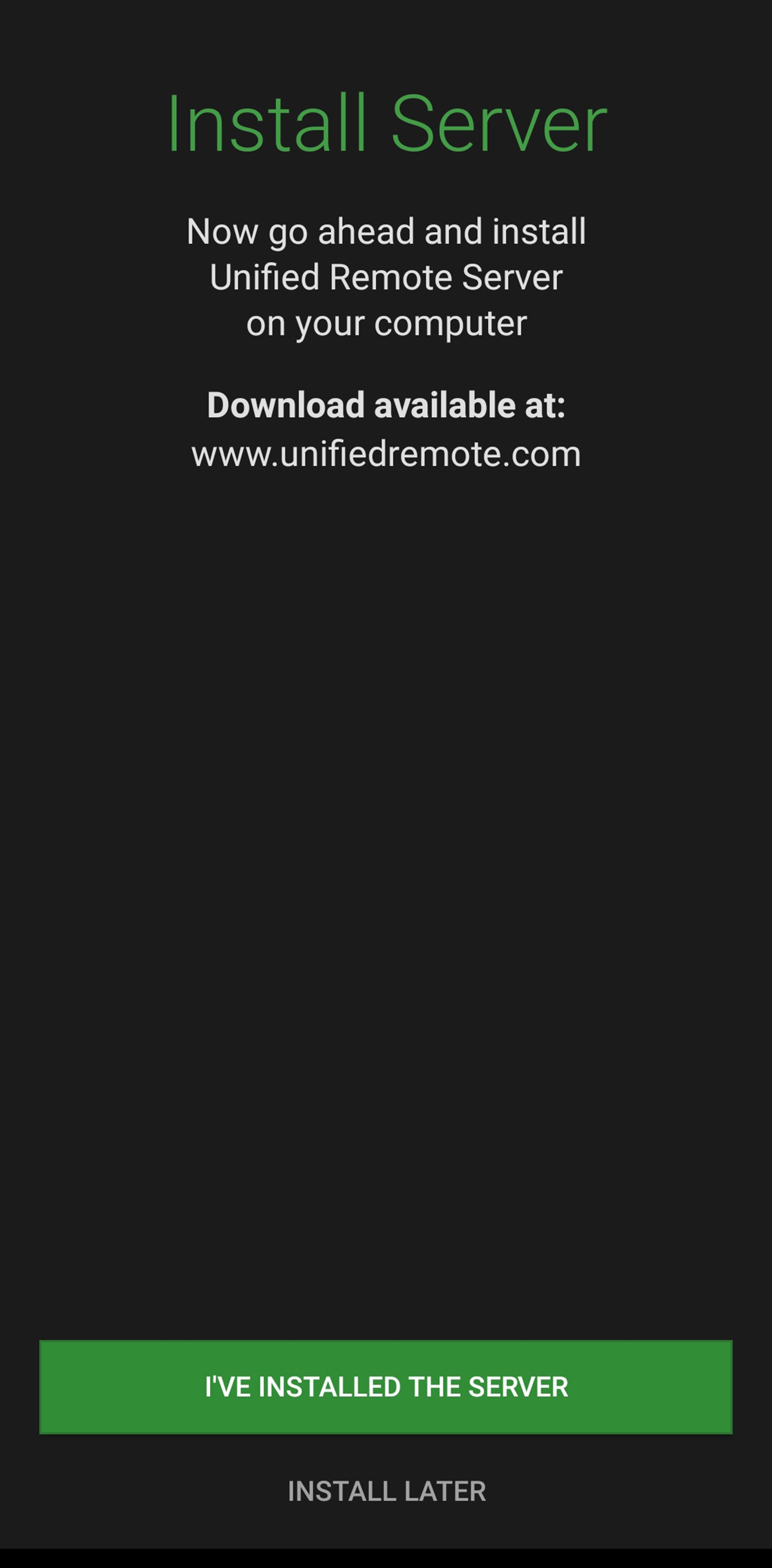 صفحه نصب سرور اپلیکیشن Unified در گوشی هوشمند و دکمه سبز رنگی در پایین صفحه