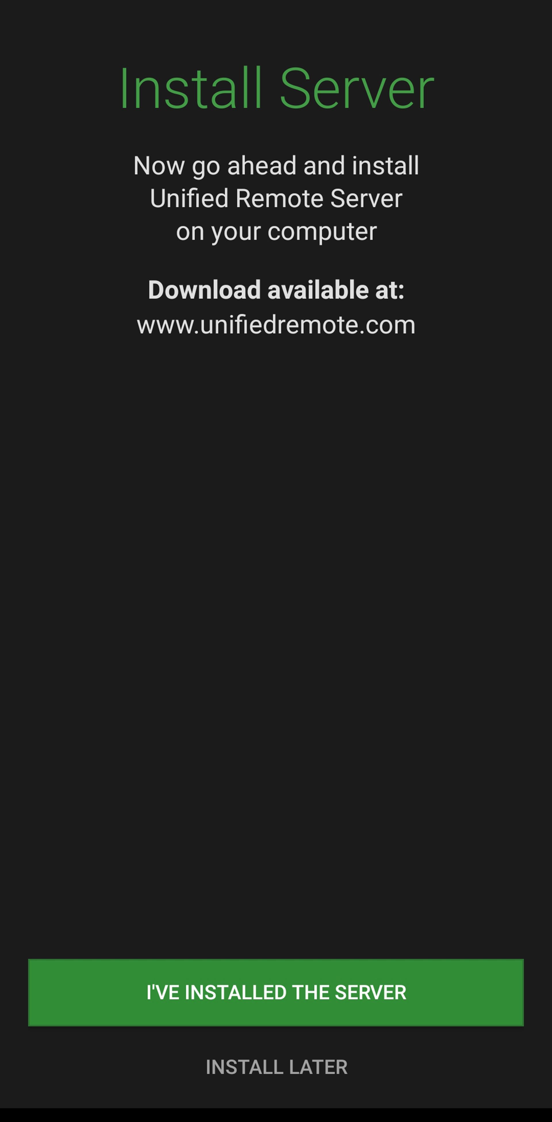 صفحه نصب سرور اپلیکیشن Unified در گوشی هوشمند و دکمه سبز رنگی در پایین صفحه