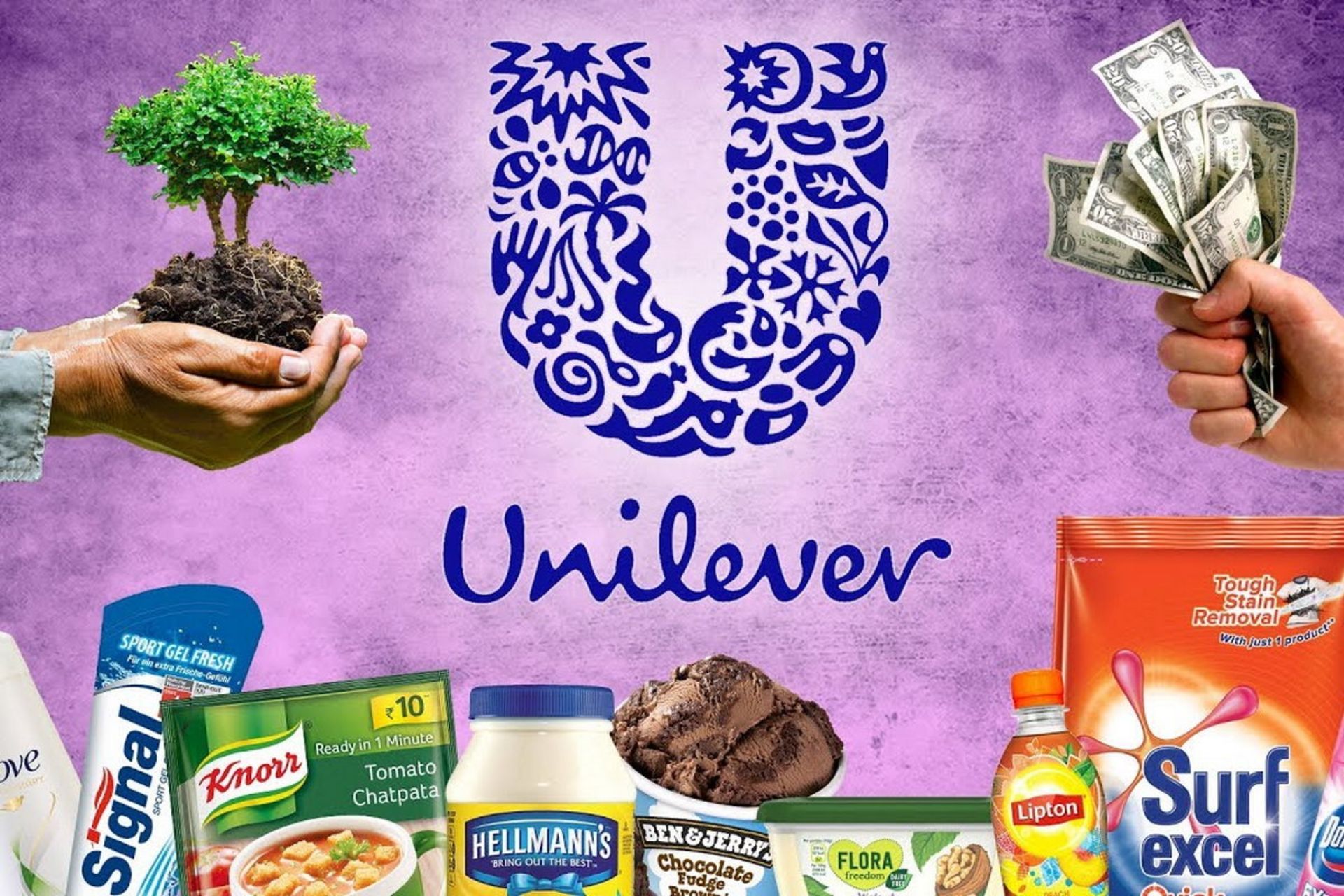 محصولات برند Unilever و لوگوی شرکت با دو دست بالای عکس تبادل پول و درختی در خاک