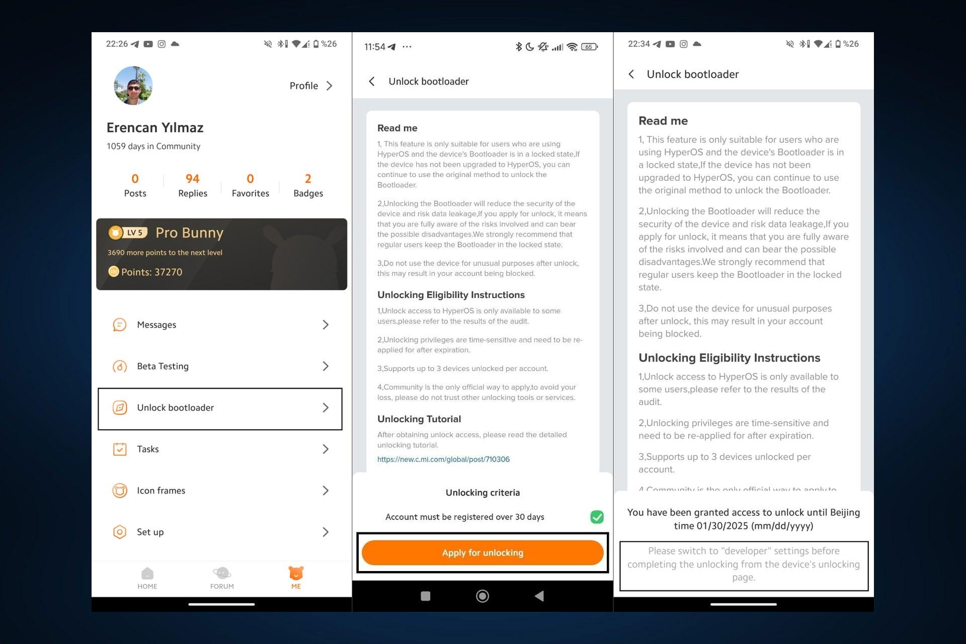 مراحل درخواست برای مجوز آنلاک بوت‌لودر در اپلیکیشن xiaomi community
