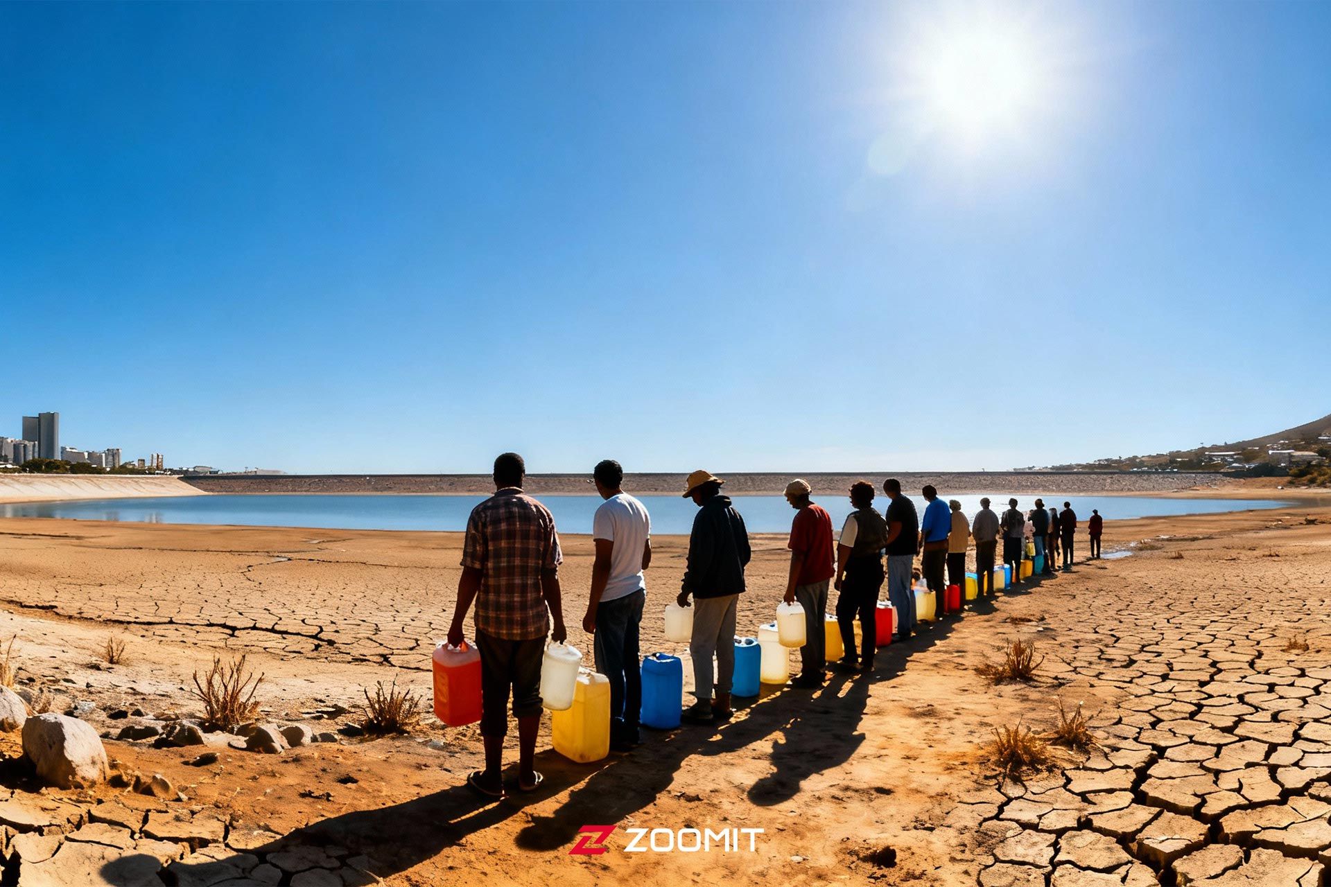 تصویرسازی از مردم با دبه‌های آب درون بستر خشک‌شده پشت سد