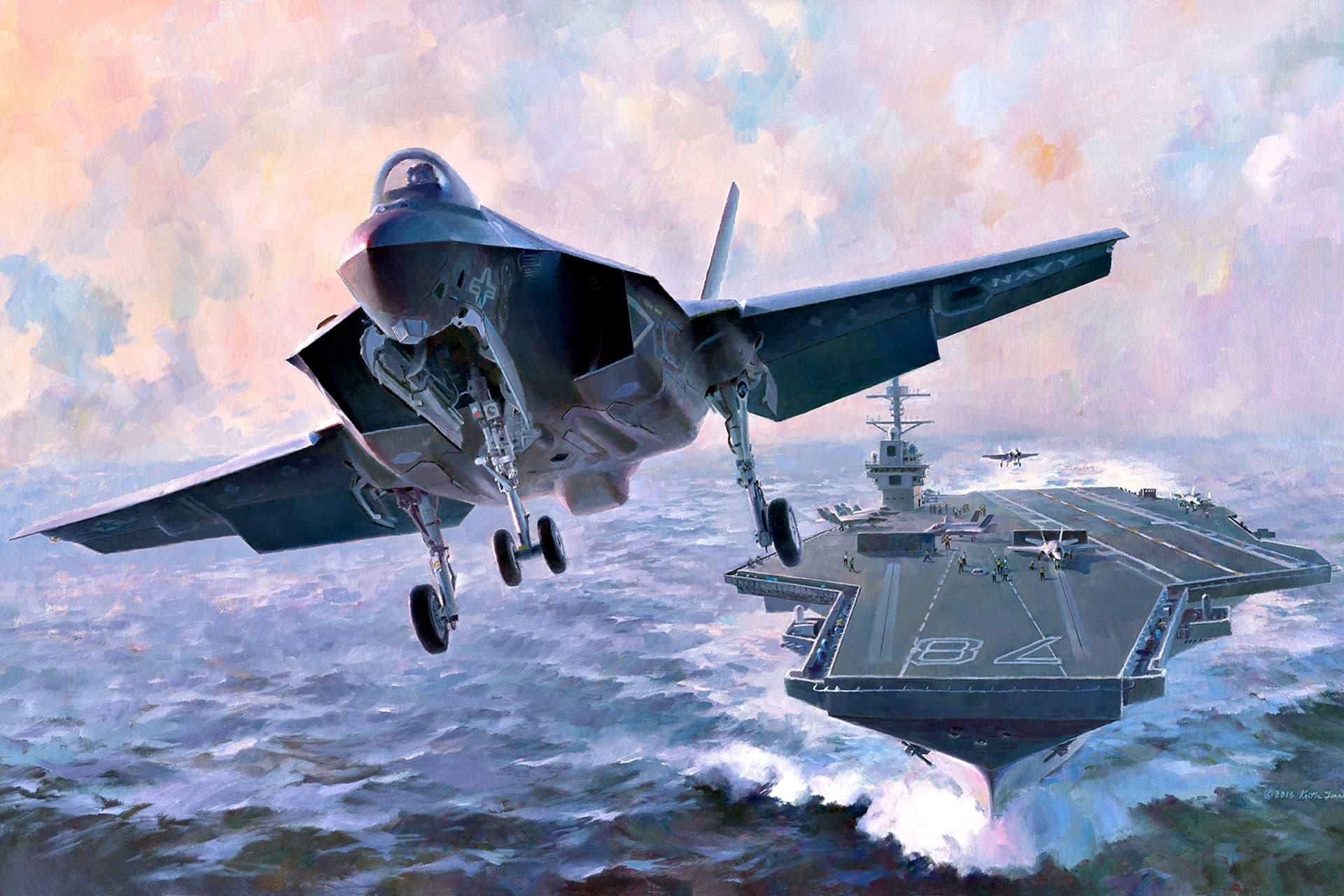 جنگنده اف ۳۵ آمریکا F-35 پس از پرواز از روی ناو