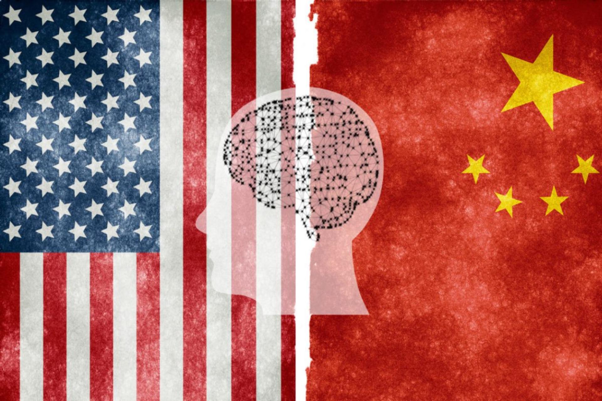 پرچم چین و آمریکا و نمادی از هوش مصنوعی روی آن‌ها