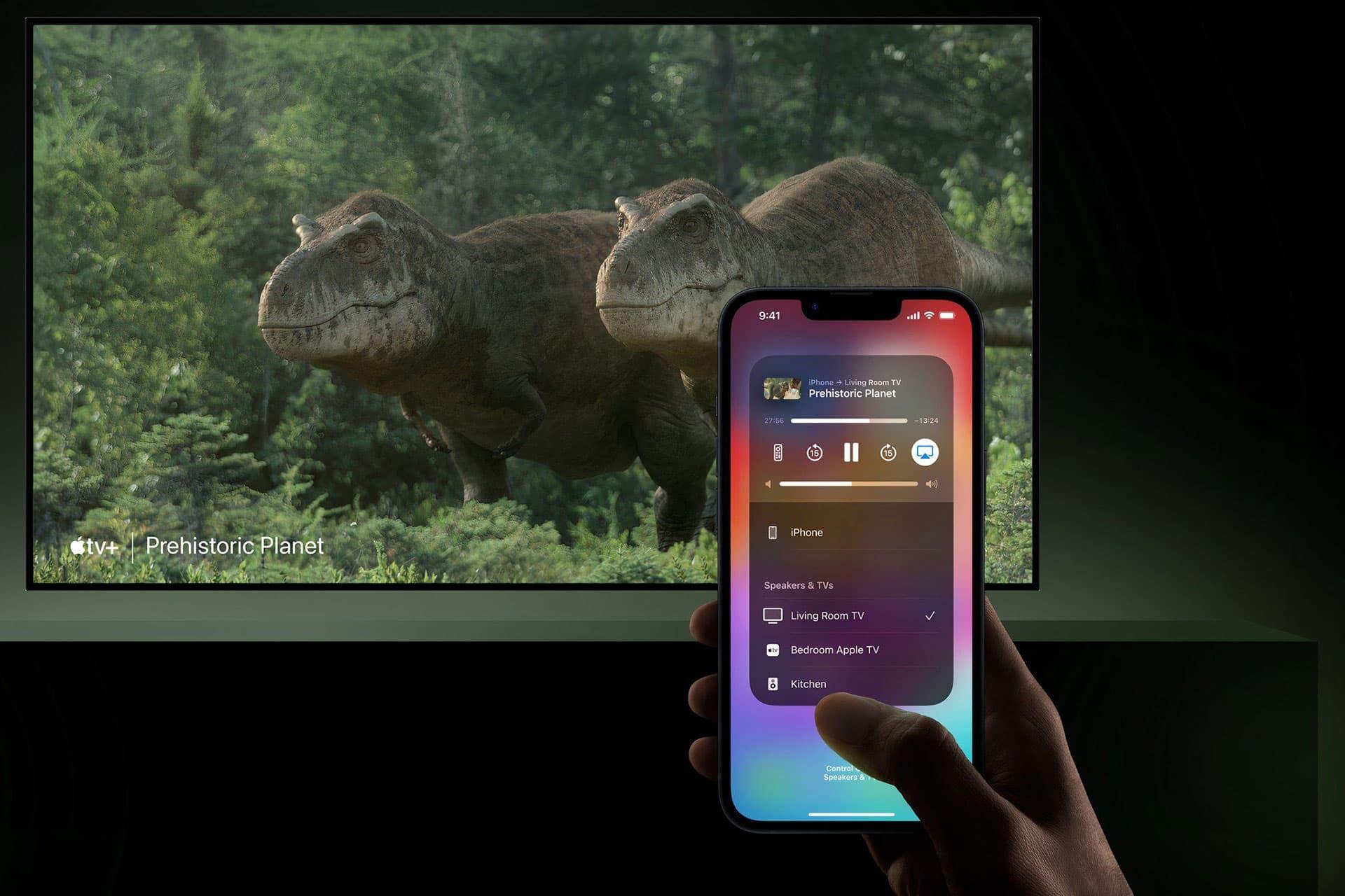 نمایش دو دایناسور در تلویزیون با منوی AirPlay آیفون