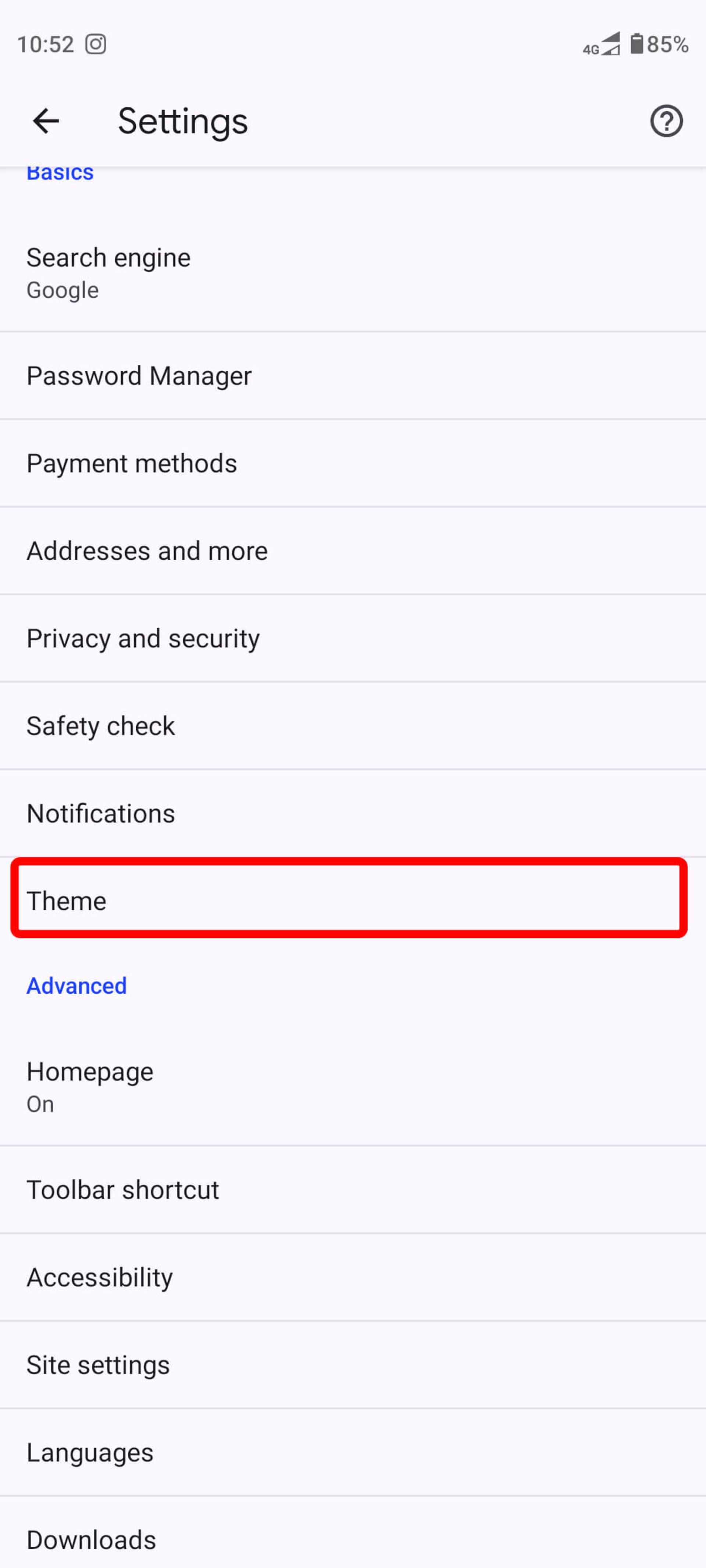 انتخاب Theme در تنظیمات گوگل کروم اندروید