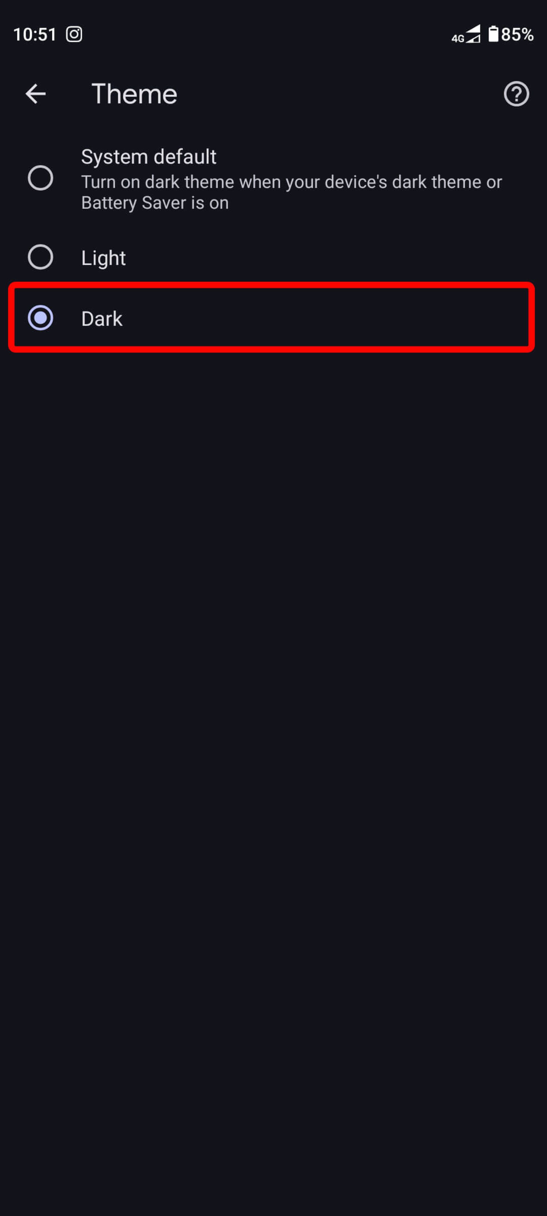 انتخاب Dark در تنظیمات گوگل کروم اندروید