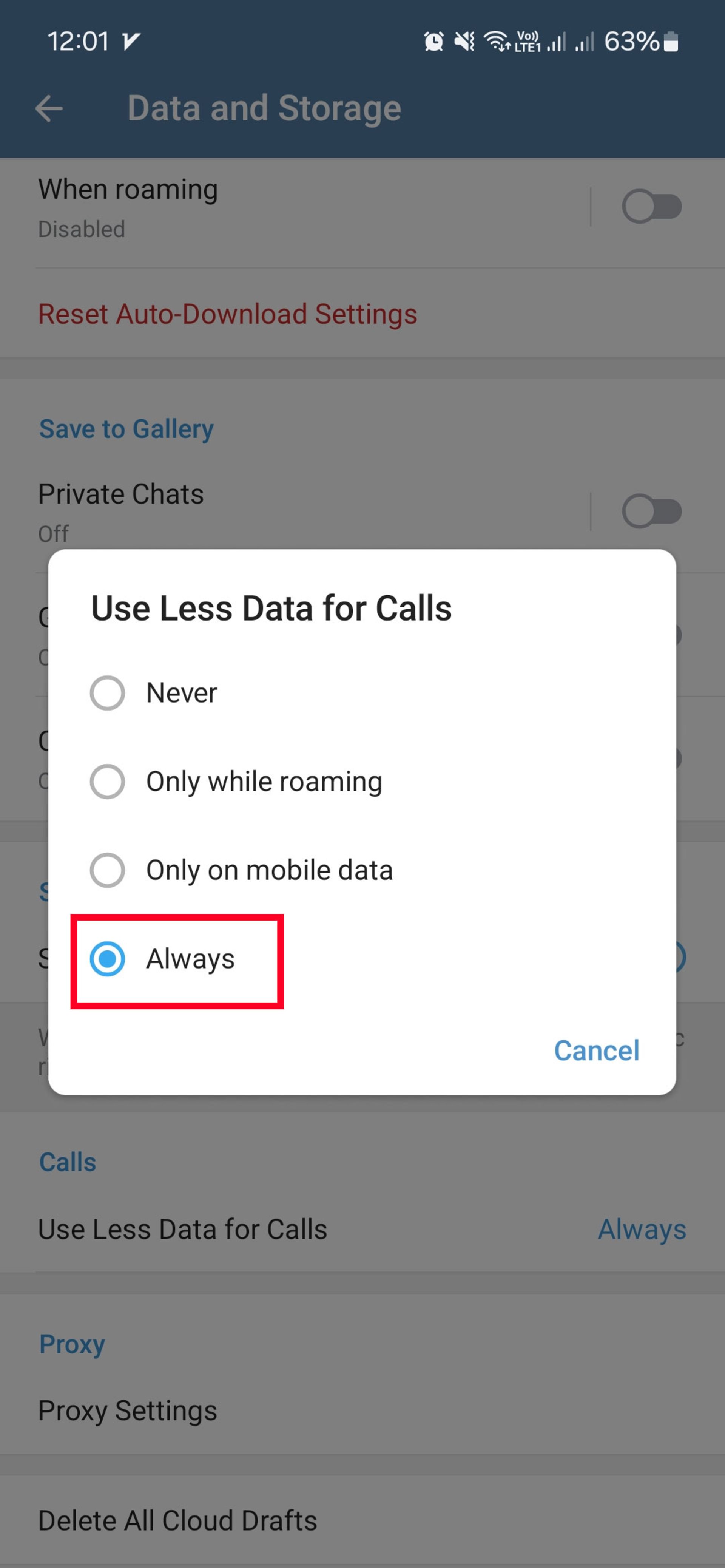 پنجره‌ی Use Less Data for Calls