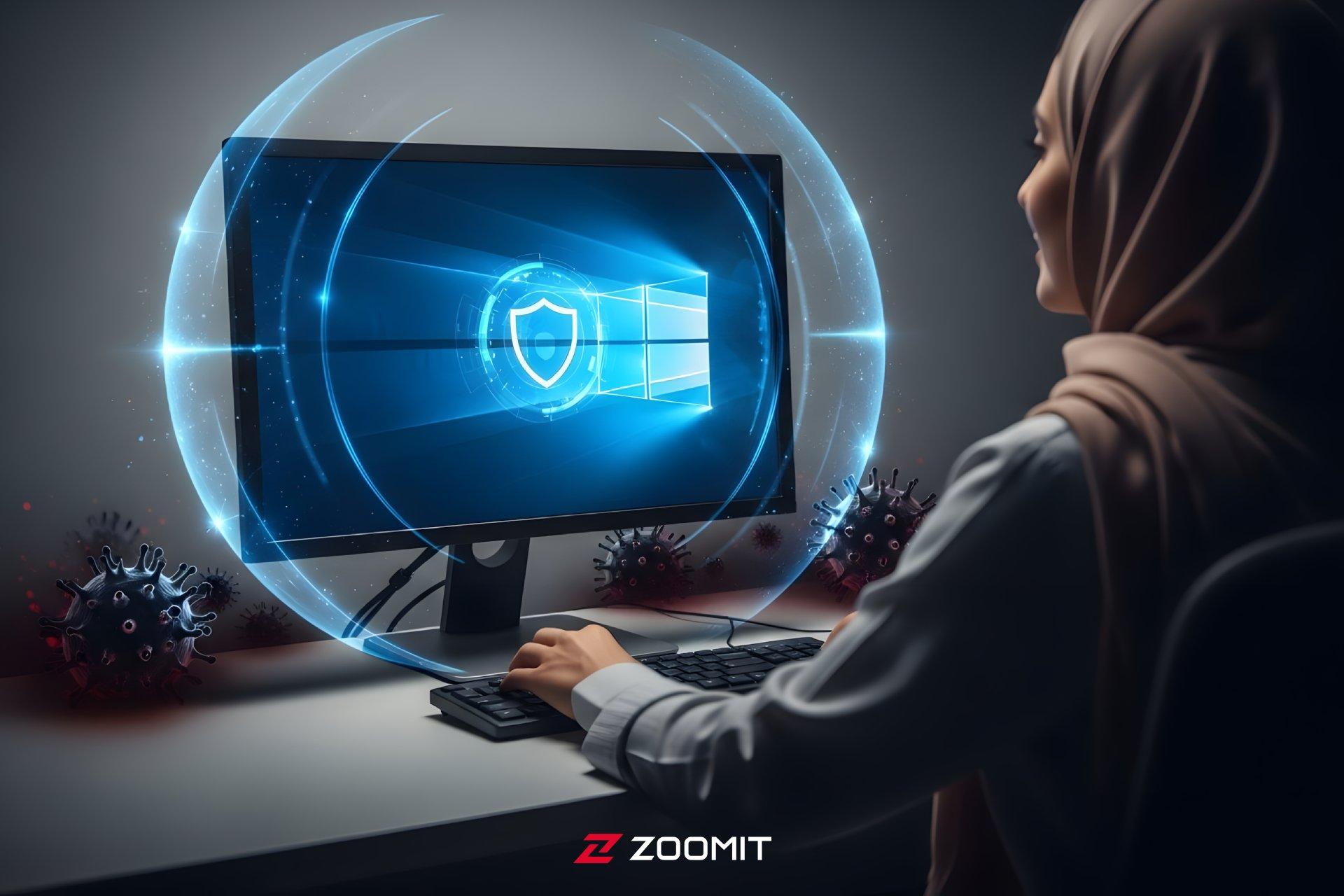 زن جوان درحال کار با کامپیوتر ویندوزی و چند ویروس روی میز