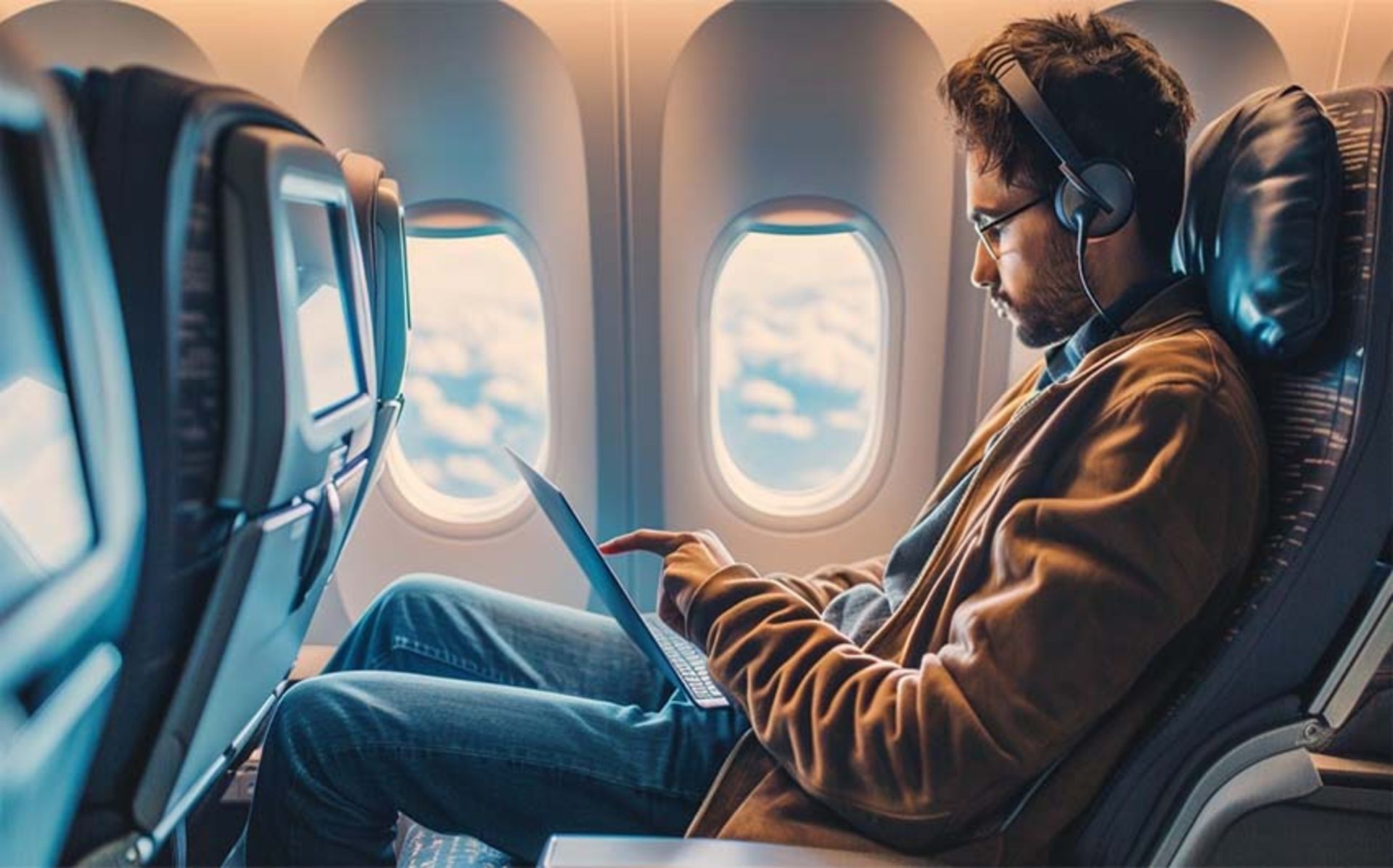 شخصی در حال کار با لپتاپ داخل هواپیما است. 