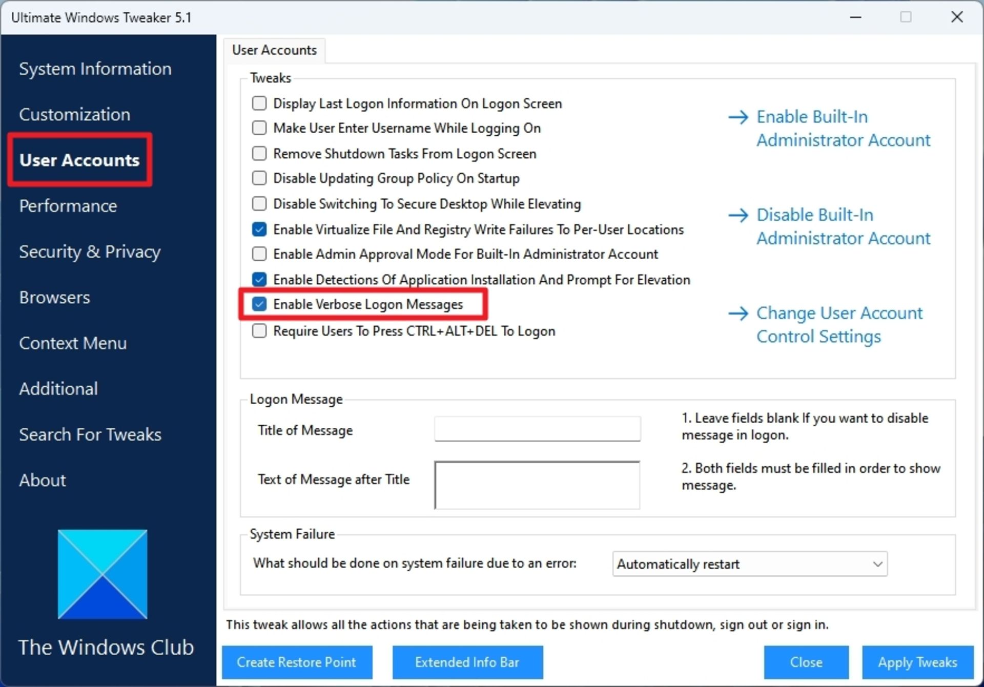 تب User Accounts در نرم‌افزار UWT و فعال کردن گزینه‌ی Enable Verbose Logon Messages