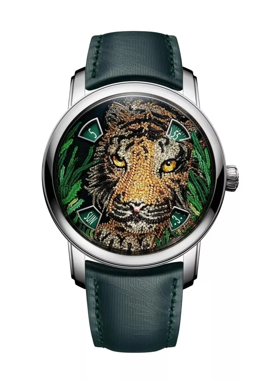 ساعت مچی واشرون (Vacheron Constantin) با صفحه هنری طرح صورت ببر و طبیعت سبز