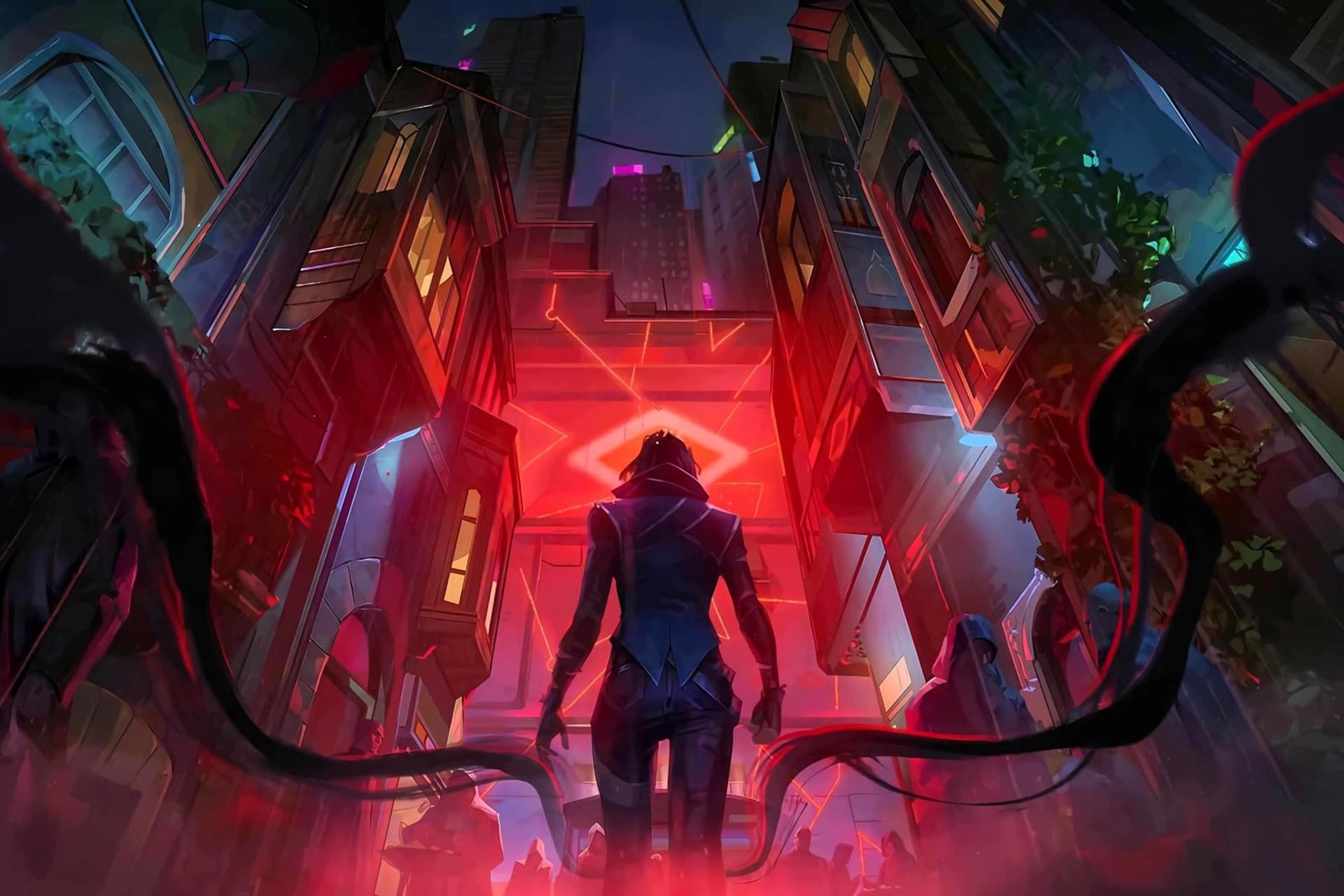 تصویر یک مرد در مقابل تعدادی ساختمان با یک نور قرمز در بین آنها