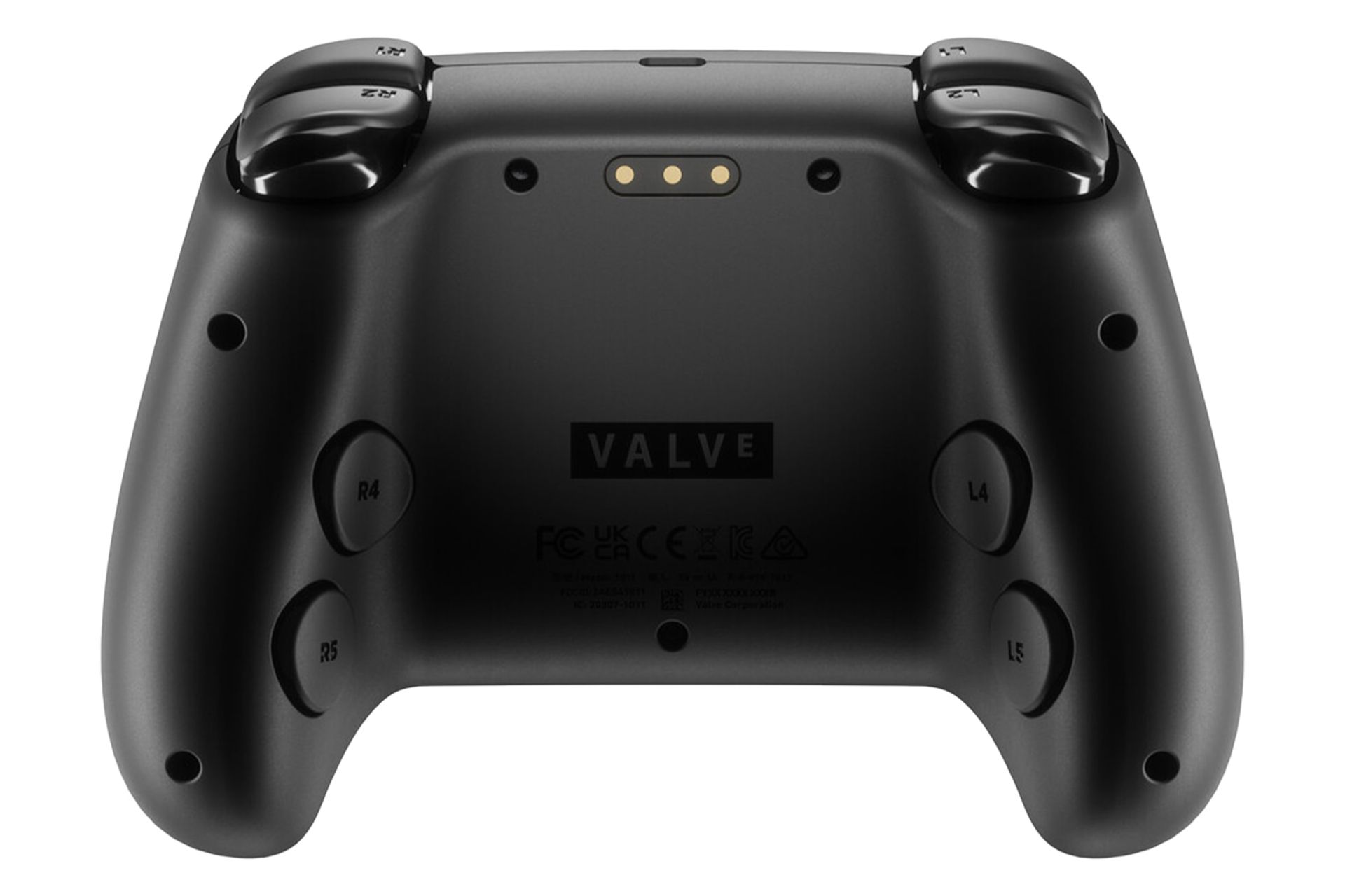 نمای پشت دسته بازی استیم کنترلر ولو / Valve Steam Controller 2026 با نمایش دکمه‌ها و لوگو