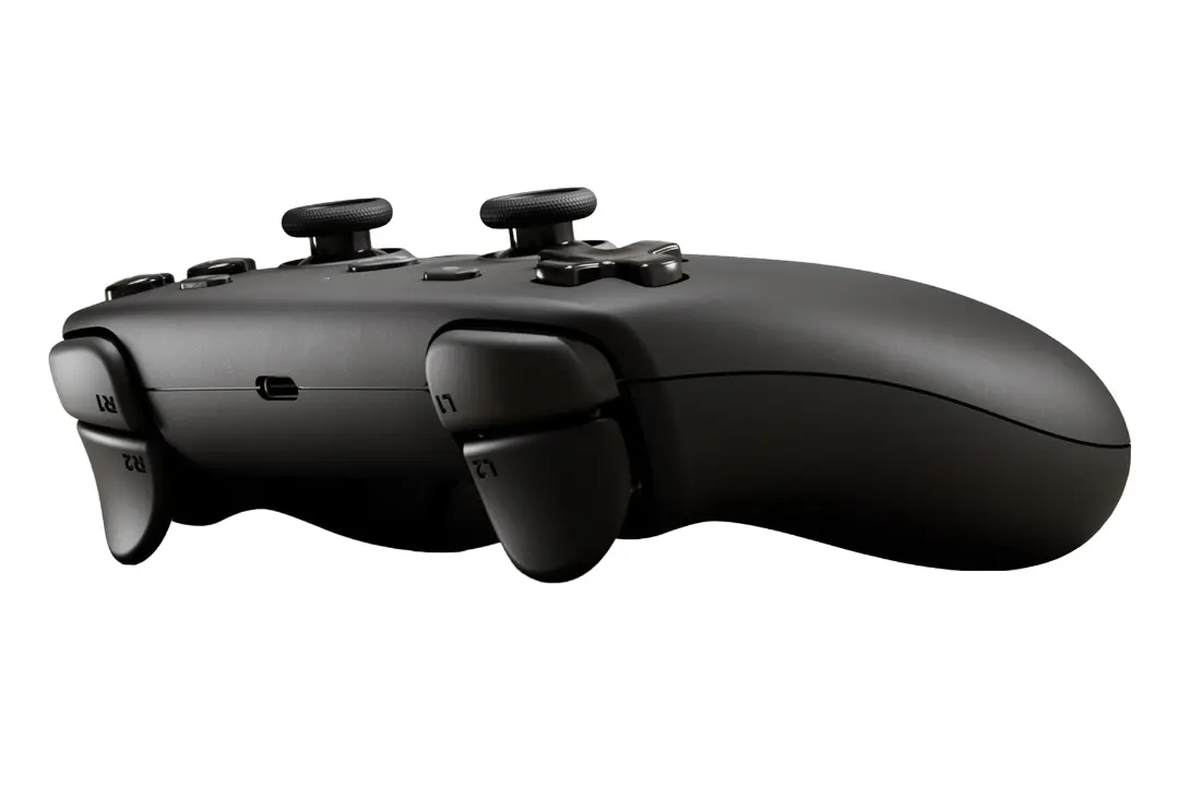 نمای سه رخ دسته بازی استیم کنترلر ولو / Valve Steam Controller 2026 با نمایش دسته و دکمه‌های بالایی