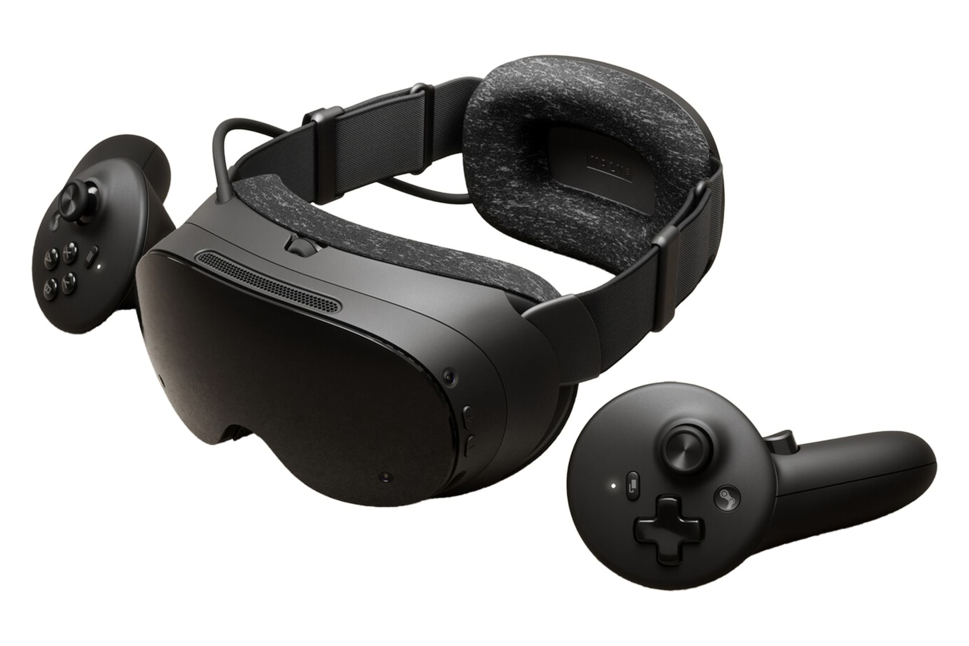 نمای کلی هدست واقعیت مجازی ولو استیم فریم / Valve Steam Frame با نمایش هدست و کنترلرها