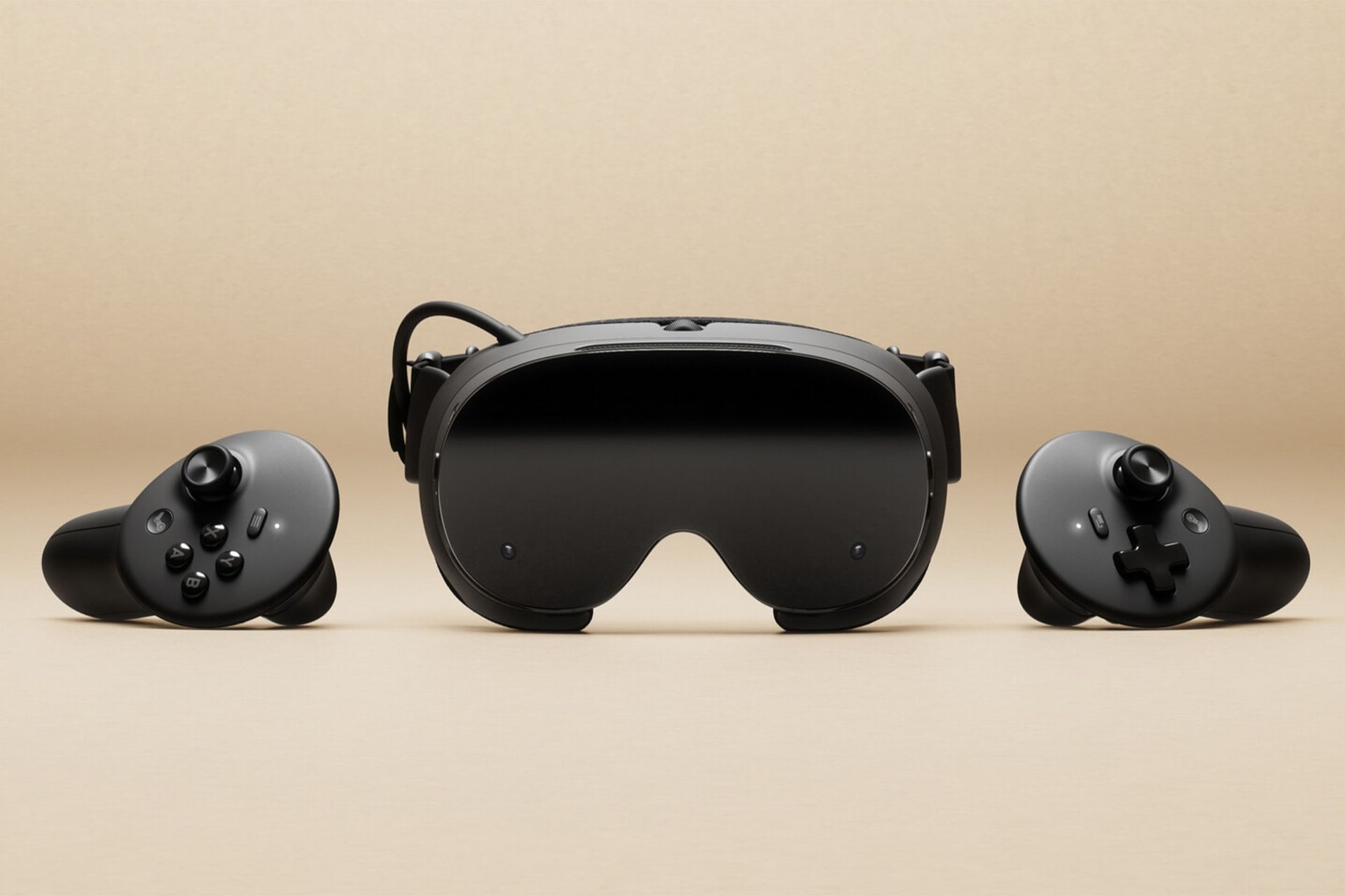 نمای جلوی هدست واقعیت مجازی ولو استیم فریم / Valve Steam Frame با نمایش هدست و کنترلرها