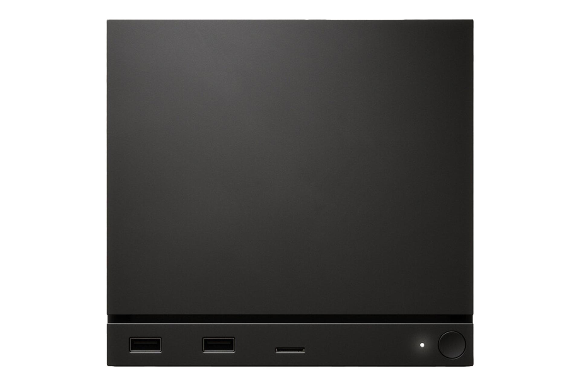 نمای پنل جلوی کنسول بازی استیم ماشین ولو / Valve Steam Machine با نمایش درگاه‌ها و دکمه‌ی پاور