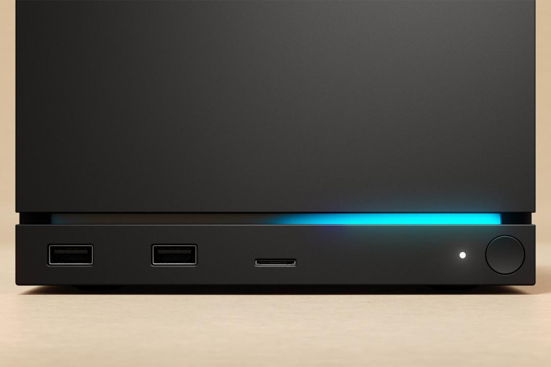 نمای نزدیک پنل جلوی کنسول بازی استیم ماشین ولو / Valve Steam Machine با نمایش درگاه‌ها و تمرکز بر نورپردازی RGB