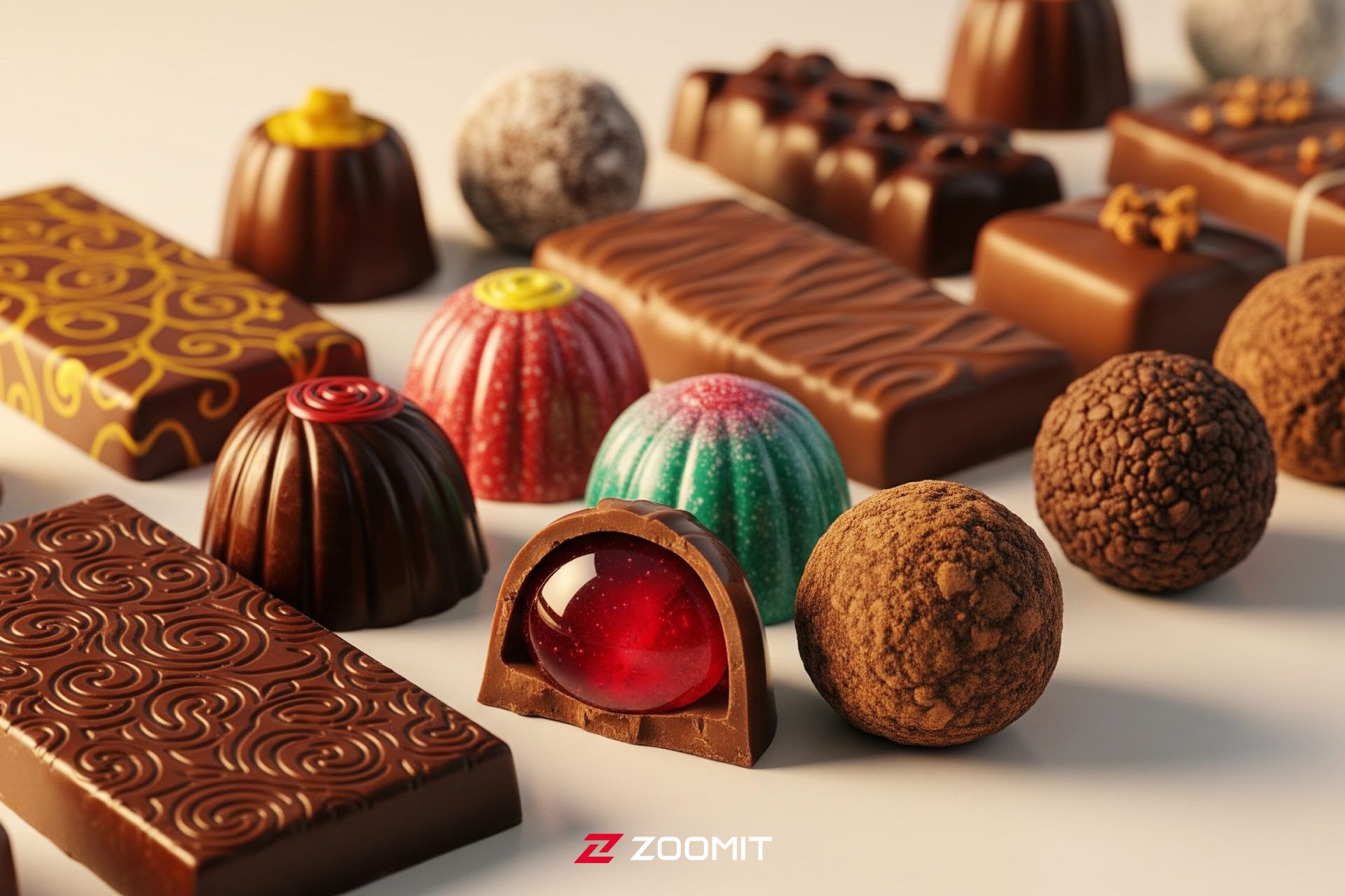 انواع شکلات‌ها - تخته‌ای، آب‌نباتی، ترافل - در رنگ‌های متنوع و بافت‌های براق، جزئیات پیچیده و تُن‌های گرم و جذاب، در پس زمینه مینیمال صورتی پودری.