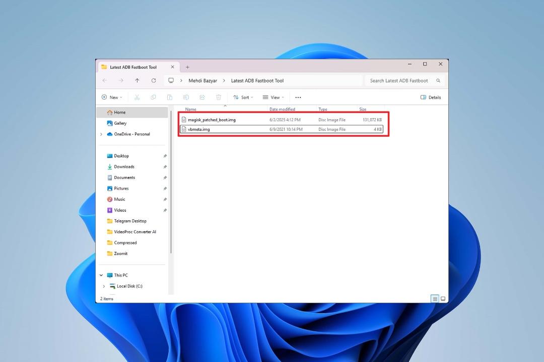 فایل‌ boot.img پچ شده و فایل vbmeta.img در پوشه‌ی Latest ADB and Fastboot tool