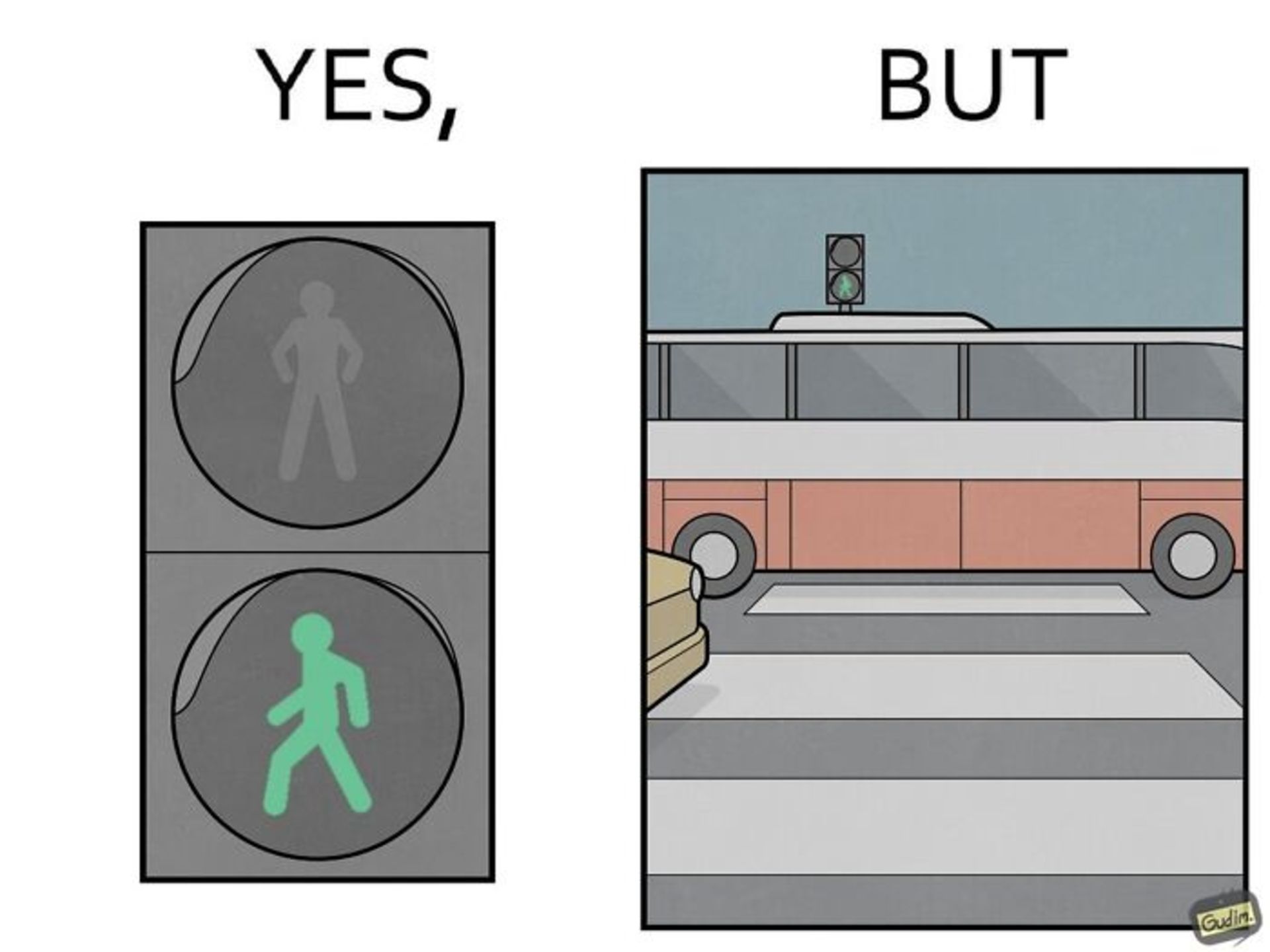 تصویرسازی‌ Yes, But اتوبوس روی خط عابر پیاده
