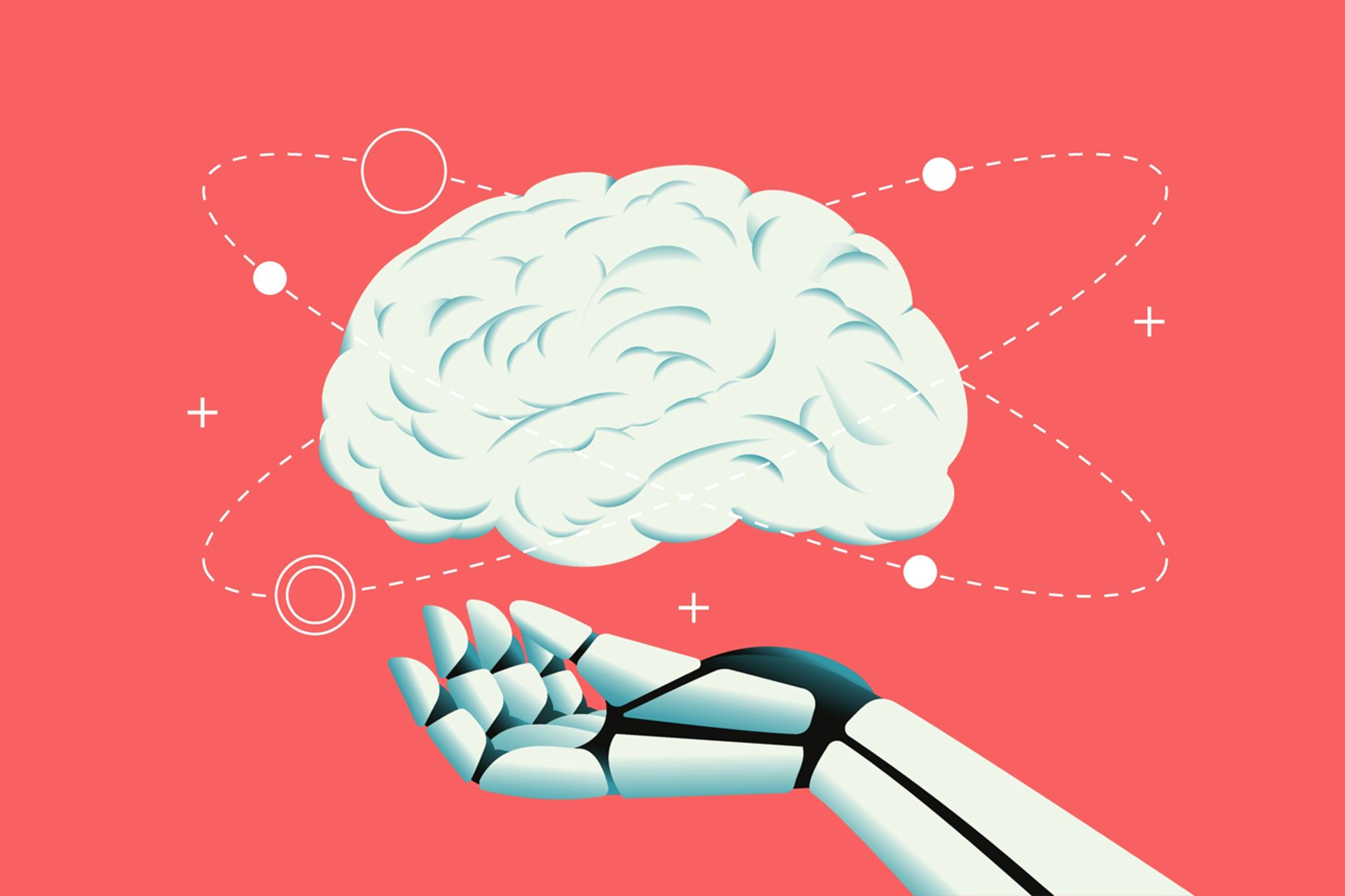 تصویر وکتور از دست رباتی که در بالای آن مغز یک انسان قرار گرفته‌ است