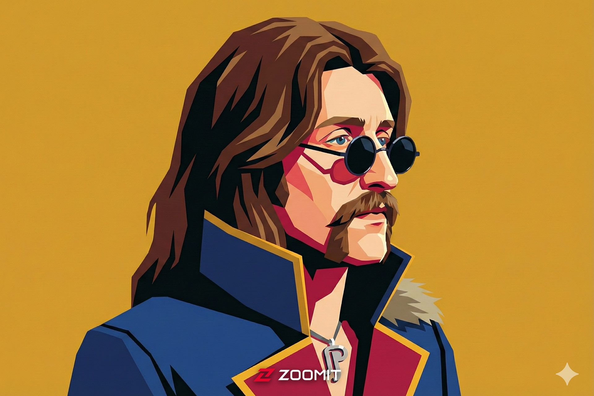 پرتره وکتوری از مردی با سبیل و موهای بلند