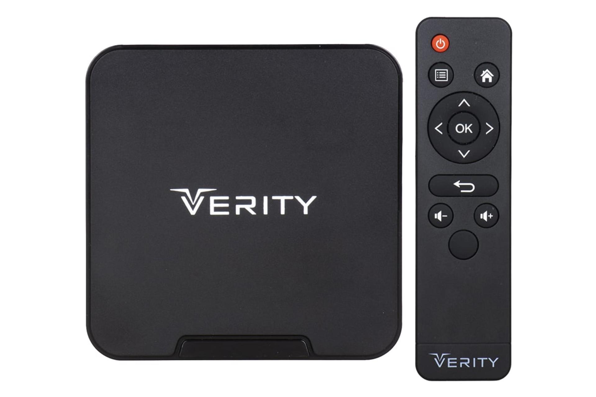 نمای کلی اندروید باکس وریتی V-AB9114A با نمایش لوگوی پنل بالا و ریموت کنترل