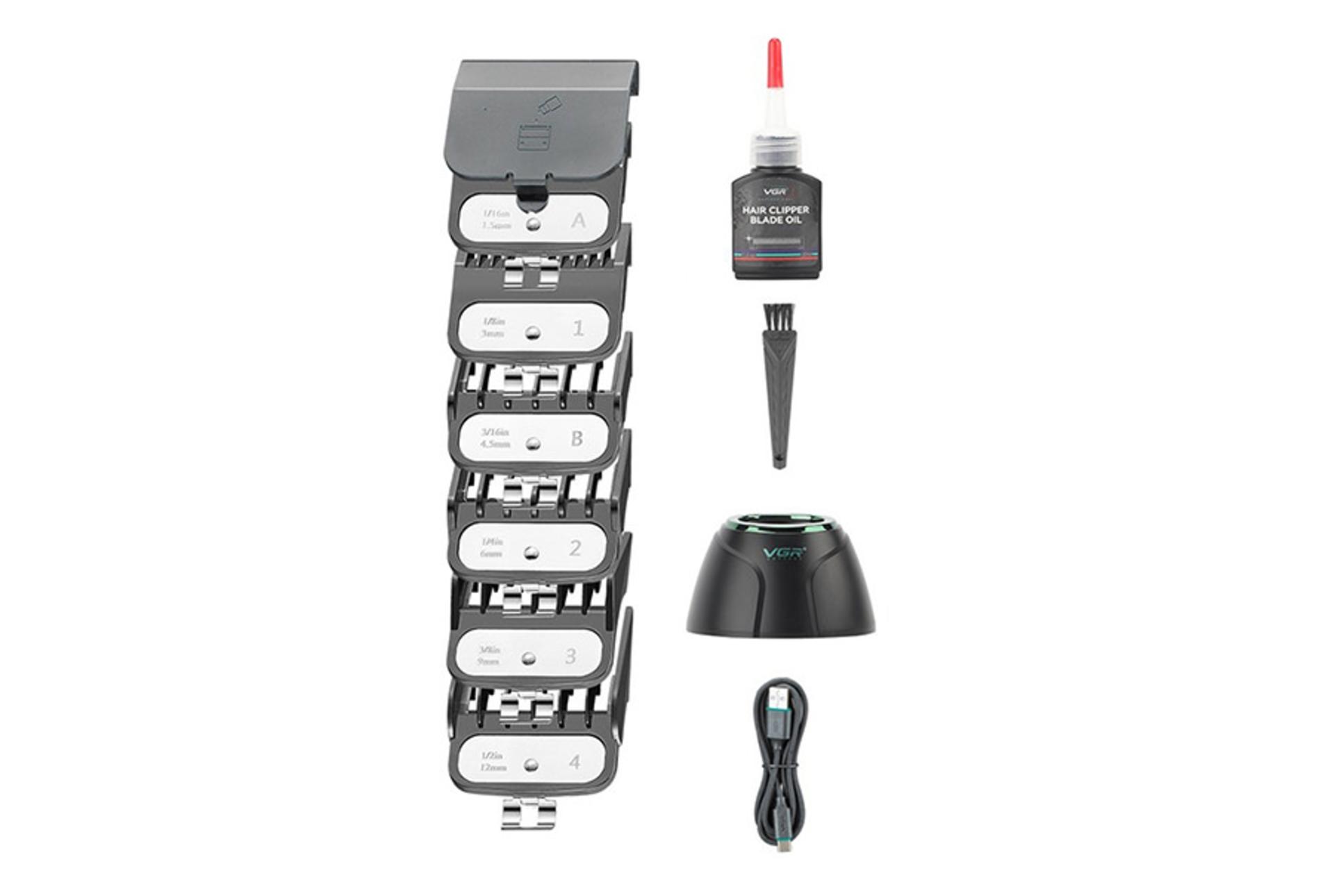ماشین اصلاح و ریش تراش وی جی آر VGR V-010 نمای شانه ها و لوازم همراه