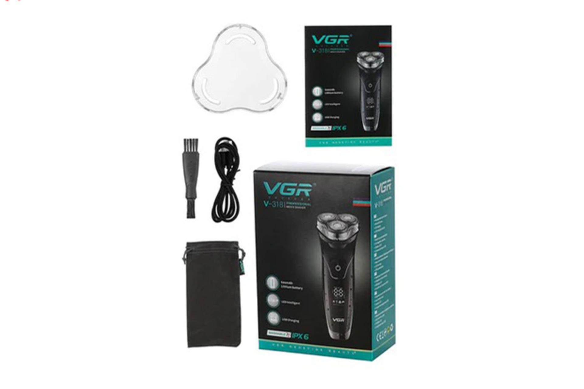 ماشین اصلاح وی جی آر VGR V-318 نمای بسته بندی و لوازم همراه