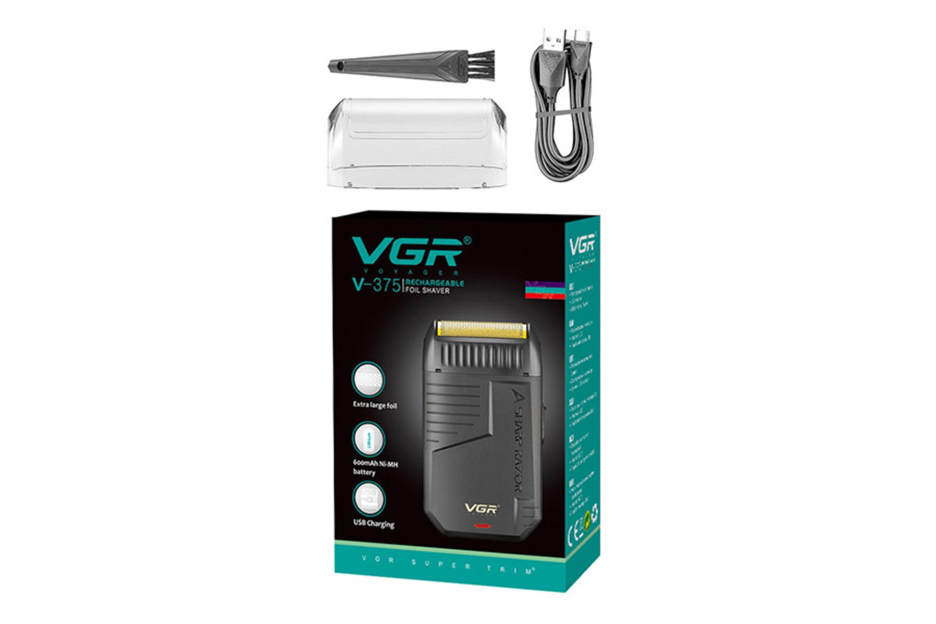 ماشین اصلاح وی جی آر VGR V-375 نمای بسته بندی و لوازم همراه