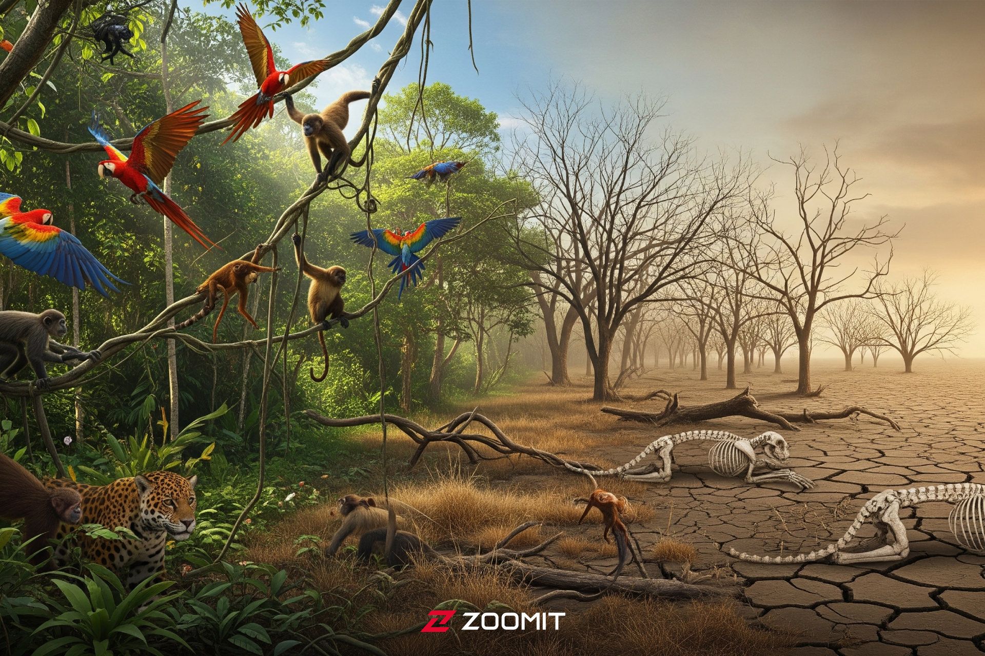 تصویرسازی دیجیتال صحنه‌ای از یک جنگل بارانی پر جنب و جوش پر از حیات وحش (پرندگان رنگارنگ، میمون‌ها، پلنگ‌ها) که به تدریج به یک زمین بایر و لم‌یزرع با اسکلت‌های فسیل شده از همان حیوانات در زیر آسمانی مه‌آلود و آلوده تبدیل می‌شود.