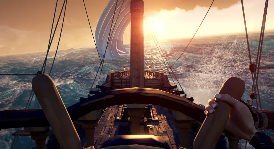کشتی در حال حرکت در اقیانوس زیر نور خورشید بازی Sea of Thieves