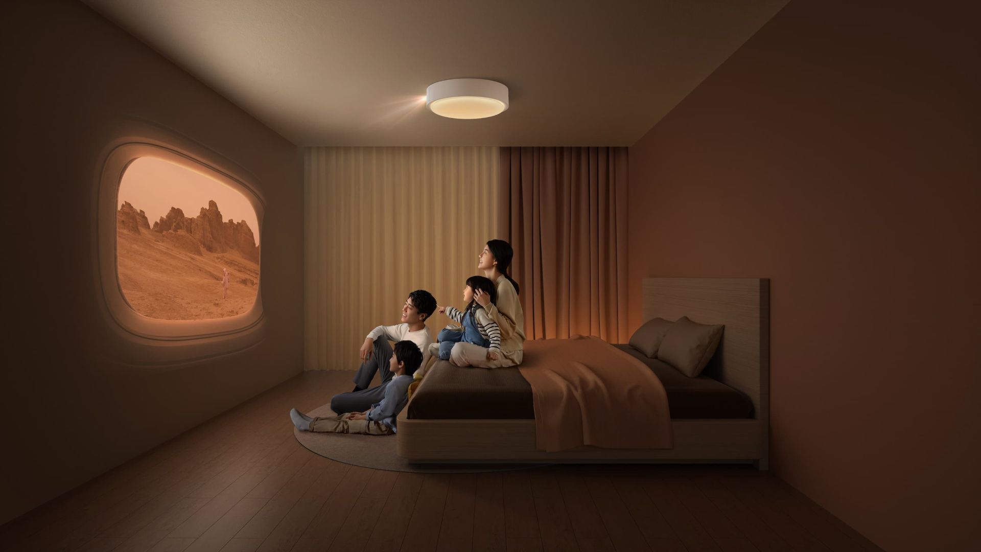 پروژکتور Xgimi مدل Aladdin درحال پخش روی دیوار برای خانواده آسیایی