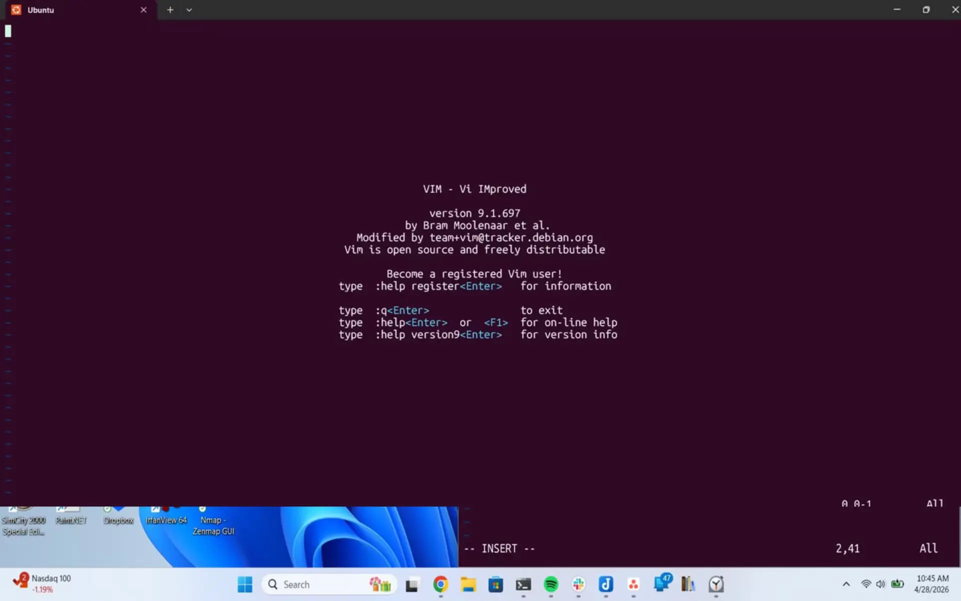 ویرایشگر متن ویم (Vim) نسخه ۹.۱ در محیط دسکتاپ اوبونتو (Ubuntu)