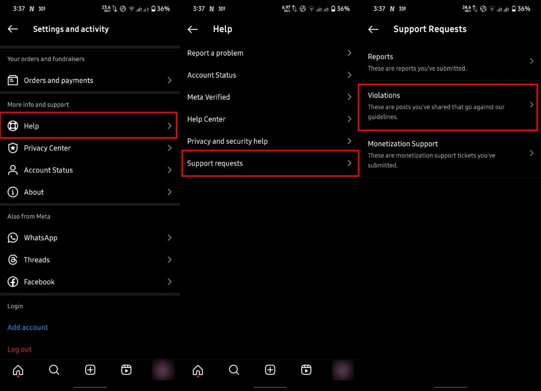 مراحل دسترسی به بخش Violations در Support Requests برای بررسی محتوای مغایر با قوانین اینستاگرام.