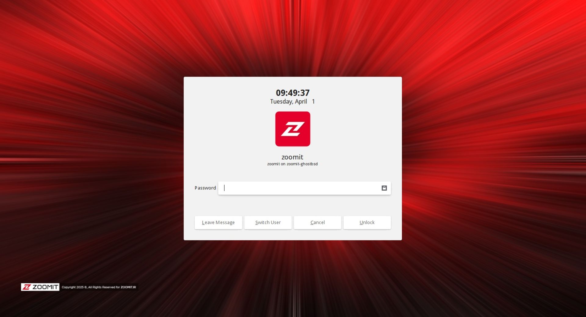 صفحه لاگین یونیکس GhostBSD 