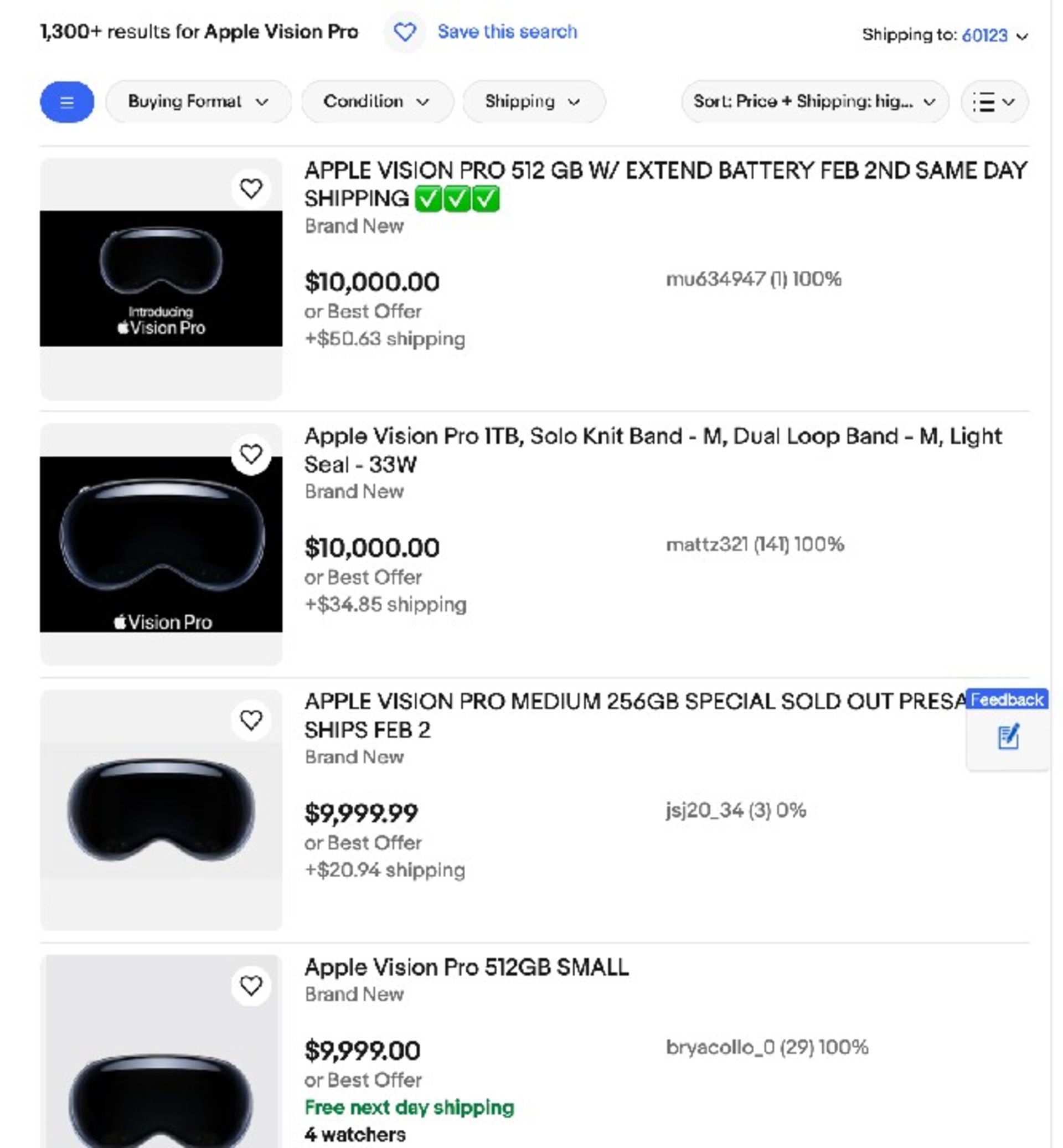 لیست منتشرشده قیمت اپل ویژن پرو در ebay