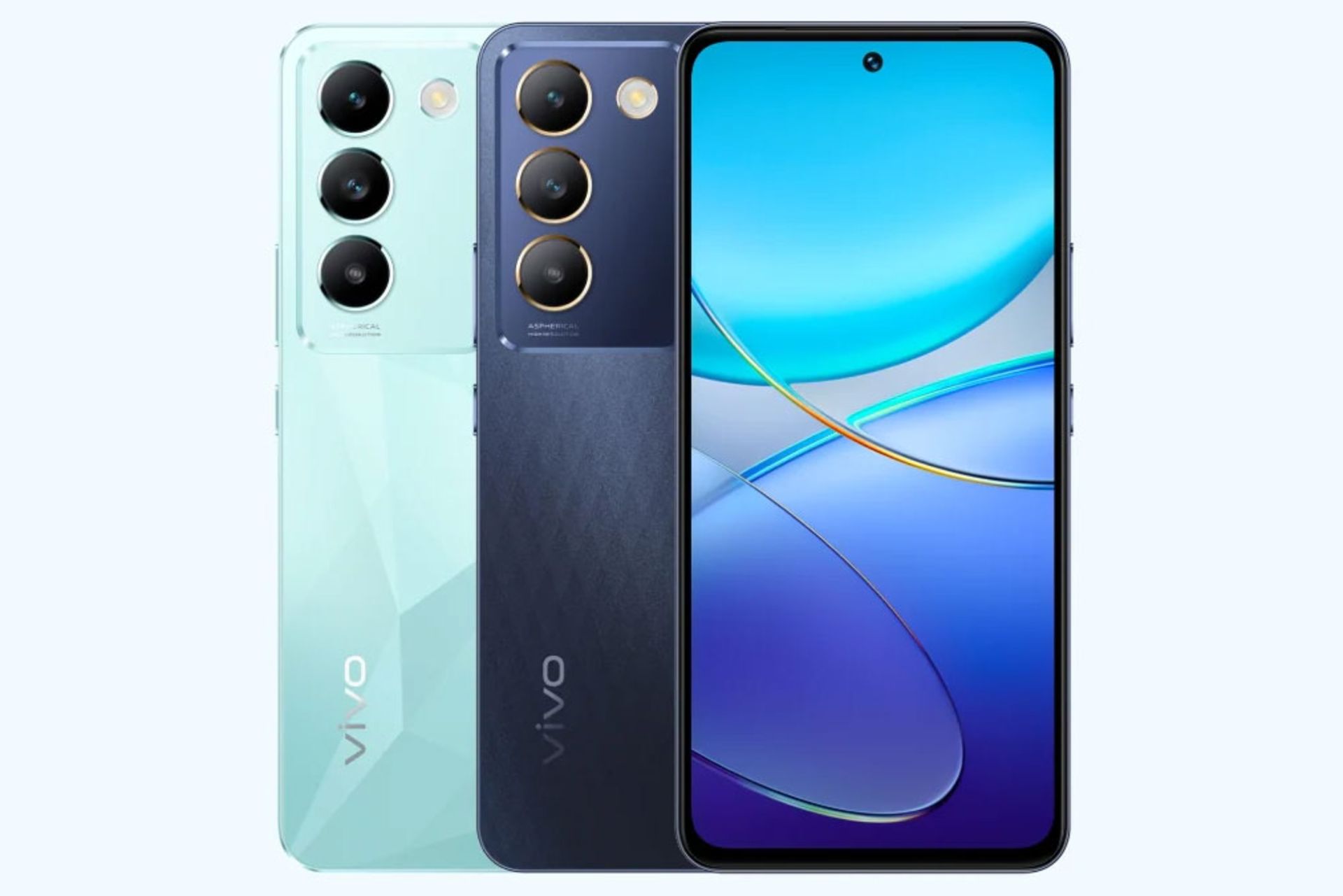 تصویر رندر رسمی گوشی ویوو T3 5G در دو رنگ آبی کم رنگ و تیره با پس زمینه سفید