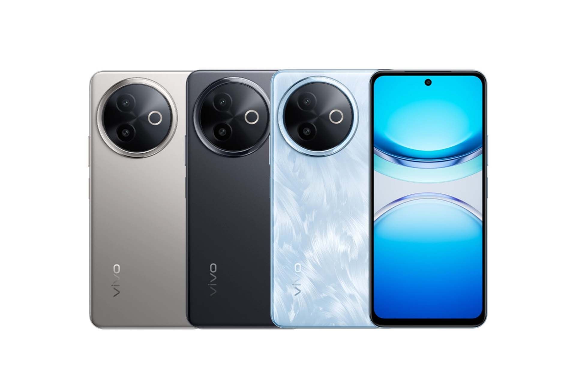 گوشی Vivo Y300i از نمای پشت در سه‌رنگ و نمای رو‌به‌رو