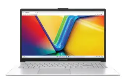 نمای جلوی لپ تاپ Vivobook Go 15 OLED E1504G ایسوس با صفحه نمایش روشن و نمایش کیبورد رنگ خاکستری