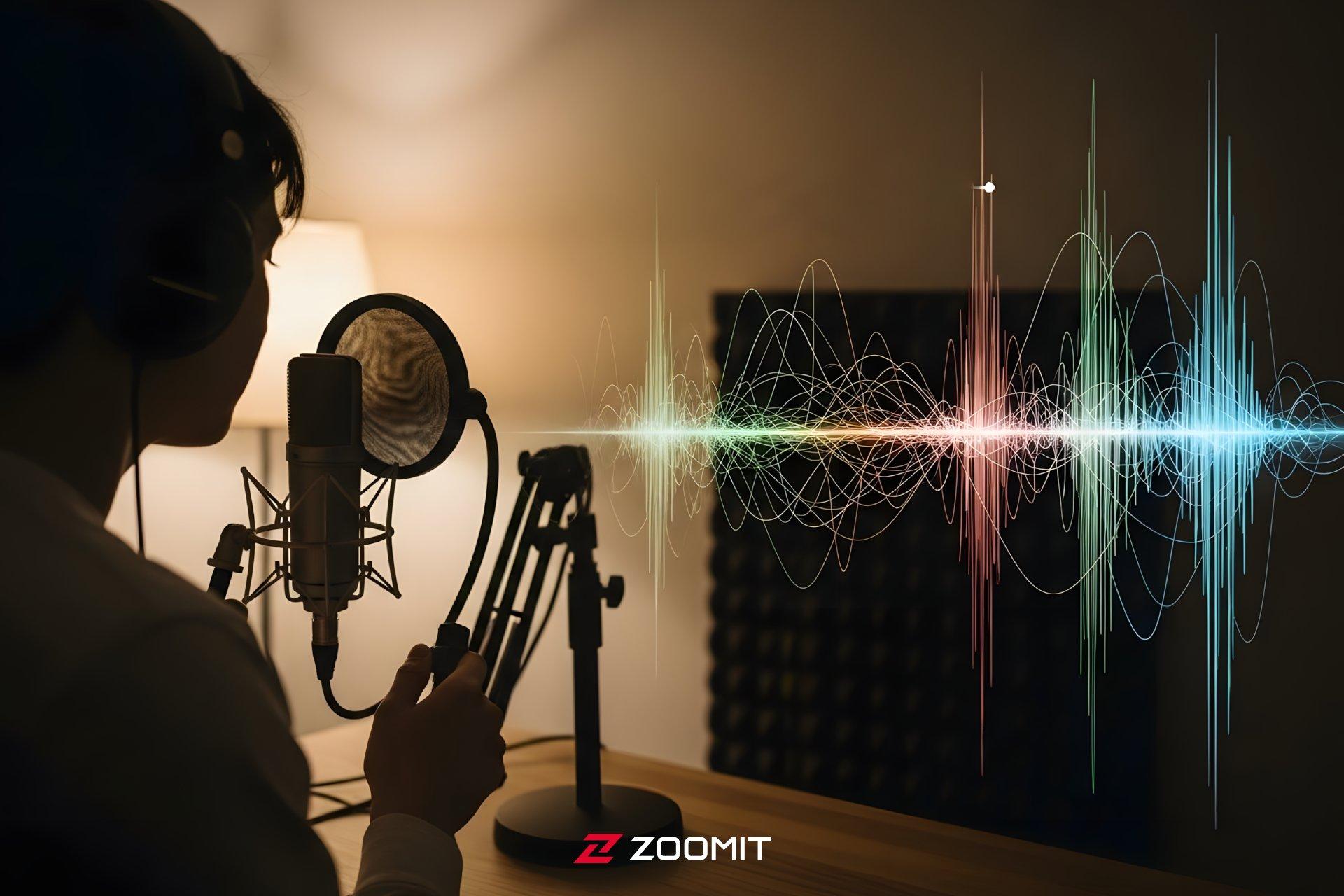 سایه زن درحال ضبط صدا با امواج صوتی روی صفحه