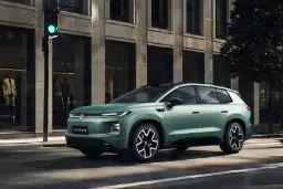 خودرو فولکس‌واگن T6 (Volkswagen ID. Aura T6) با رنگ سبز در خیابان شهری