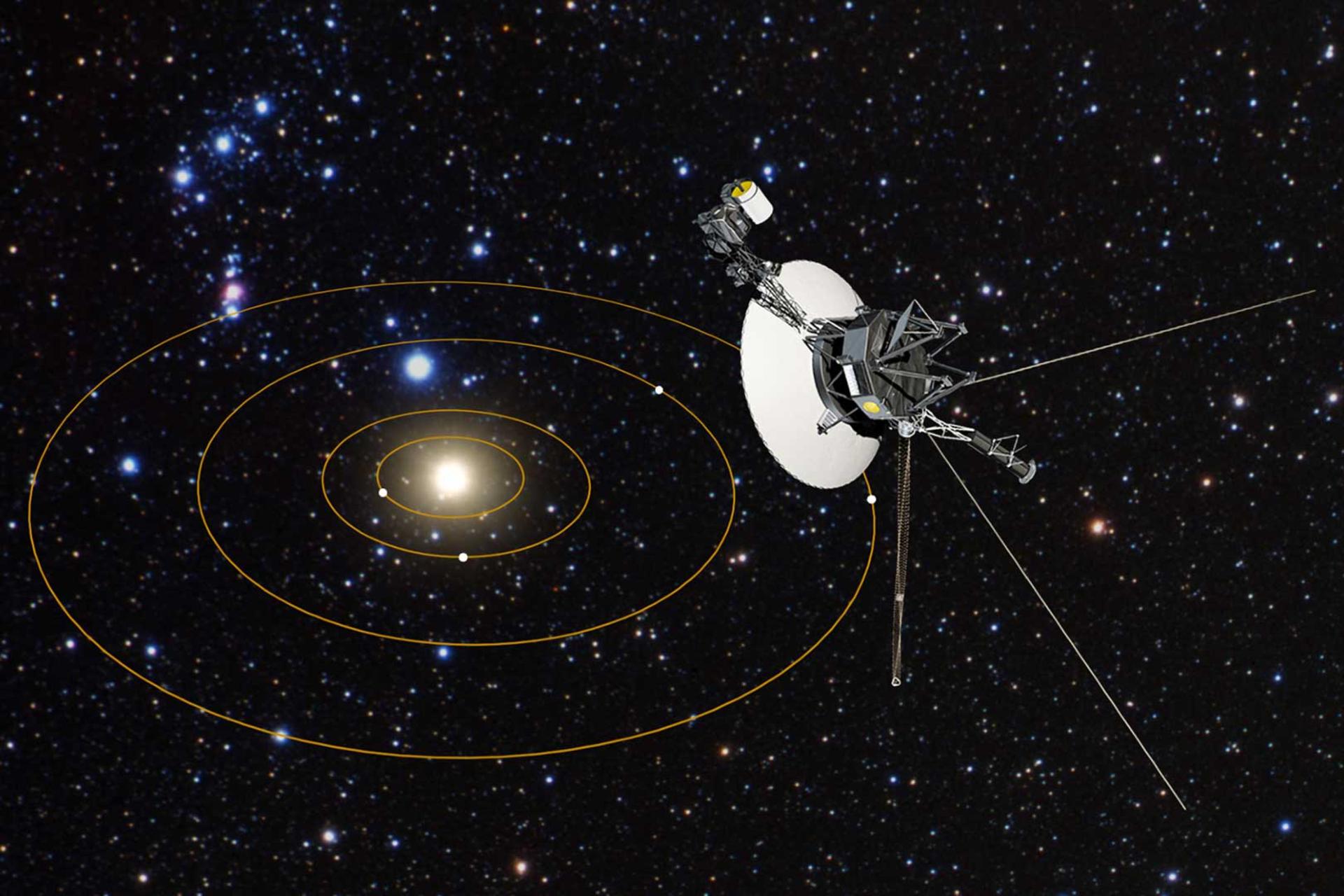 تصویر هنری فضاپیمای وویجر دربرابر منظومه شمسی