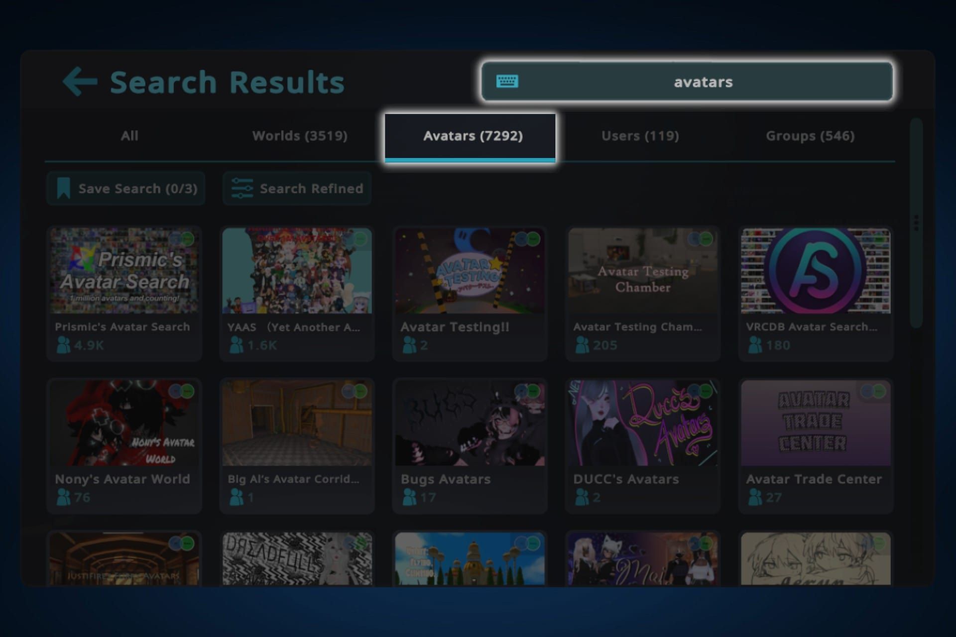 جستجوی آواتار در وی آر چت