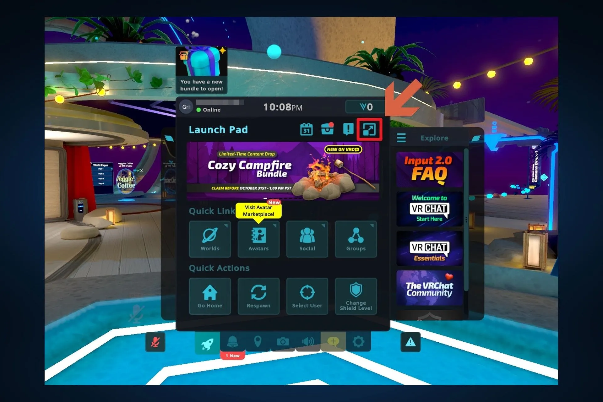 دکمه‌ی باز کردن منوی کامل VRChat