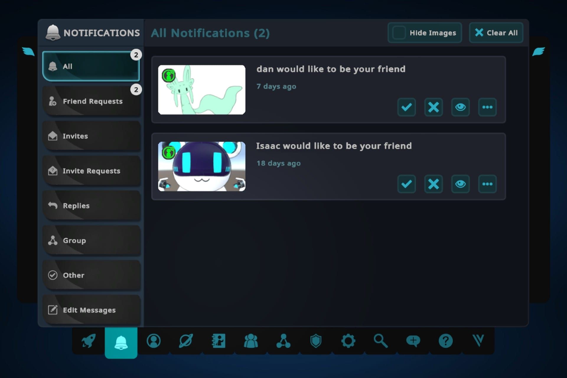 نوتیفیکیشن‌ها در منوی اصلی  وی آر چت