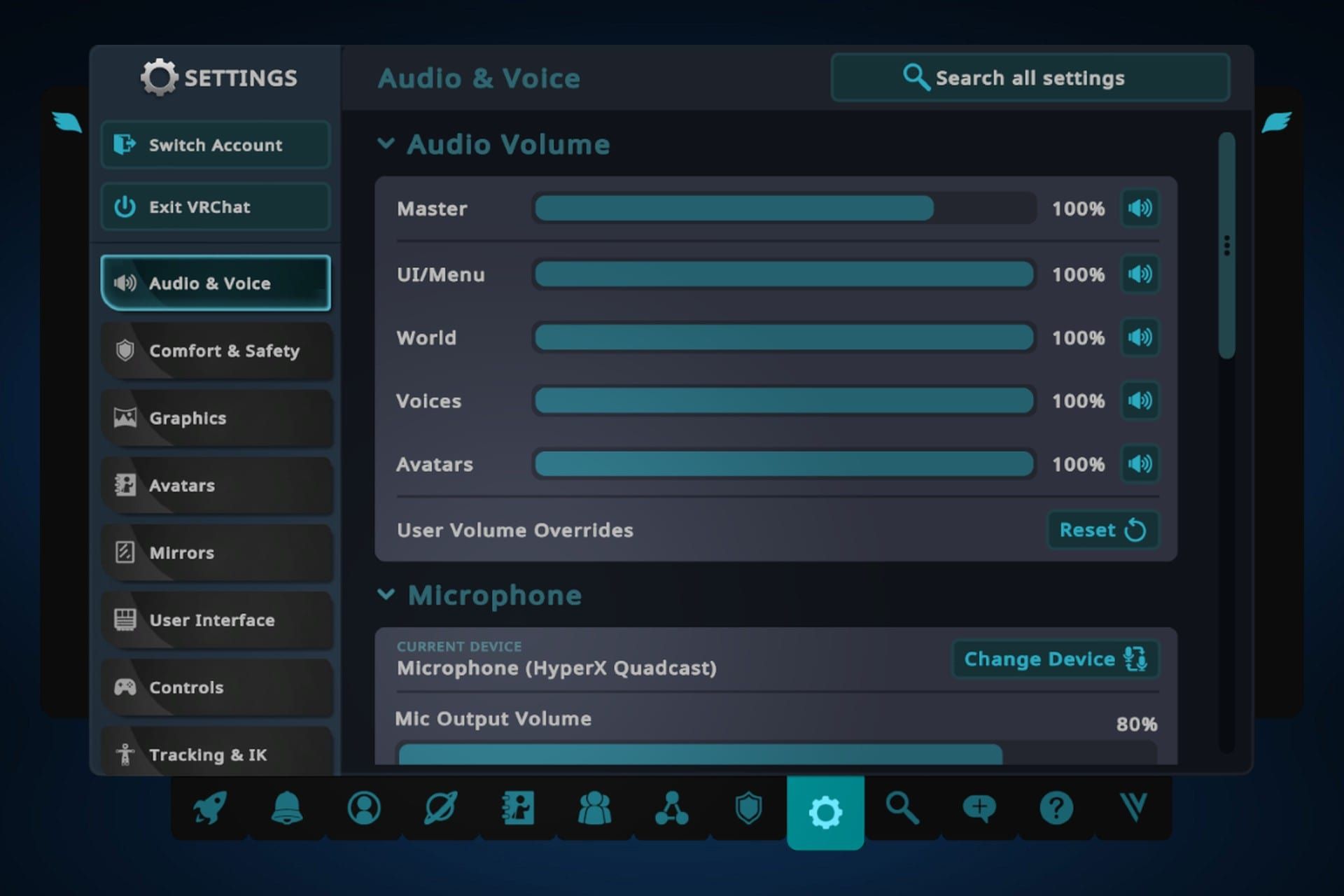 بخش Settings در منوی اصلی  وی آر چت
