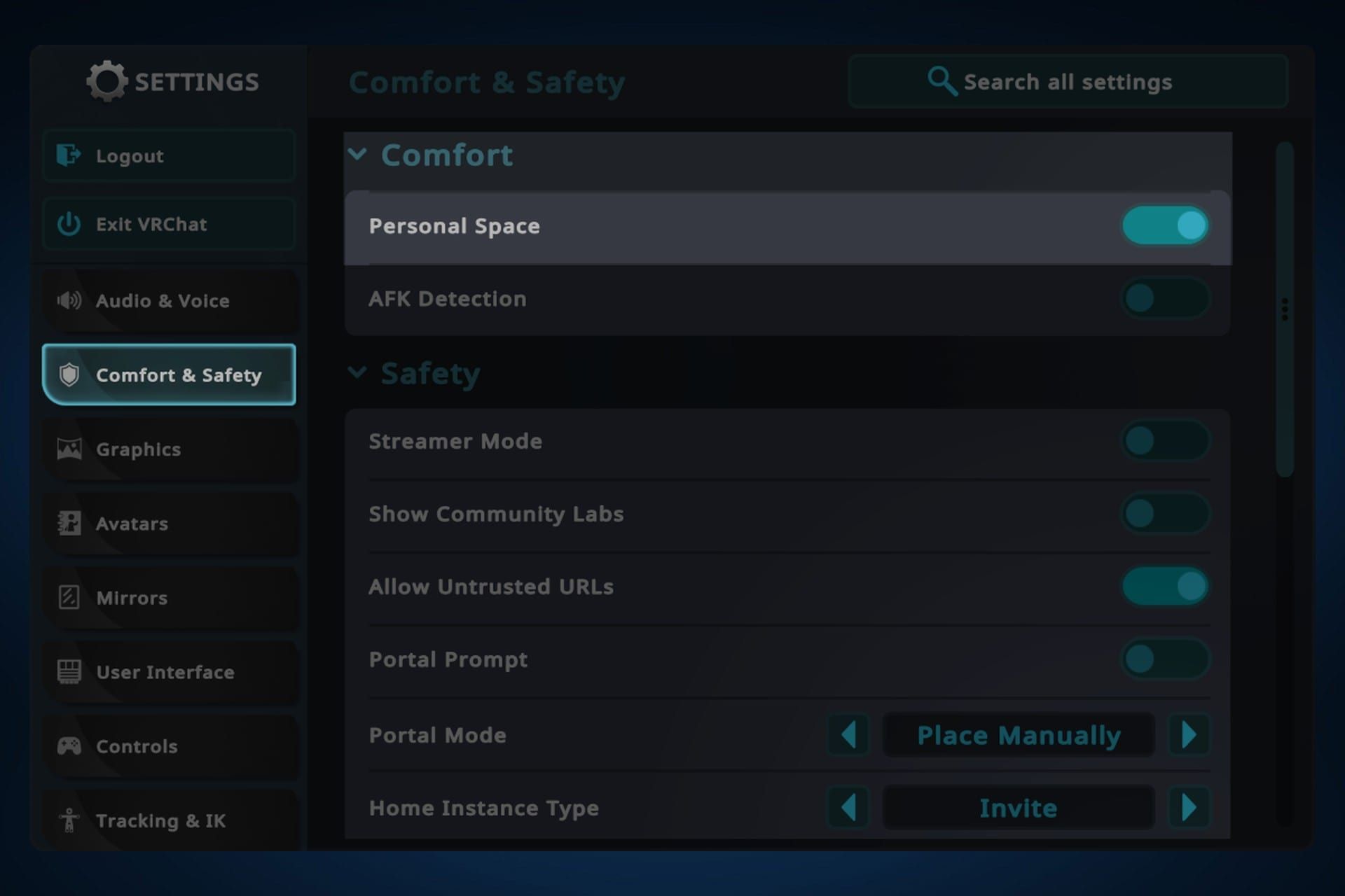 بخش Personal Space در وی آر چت